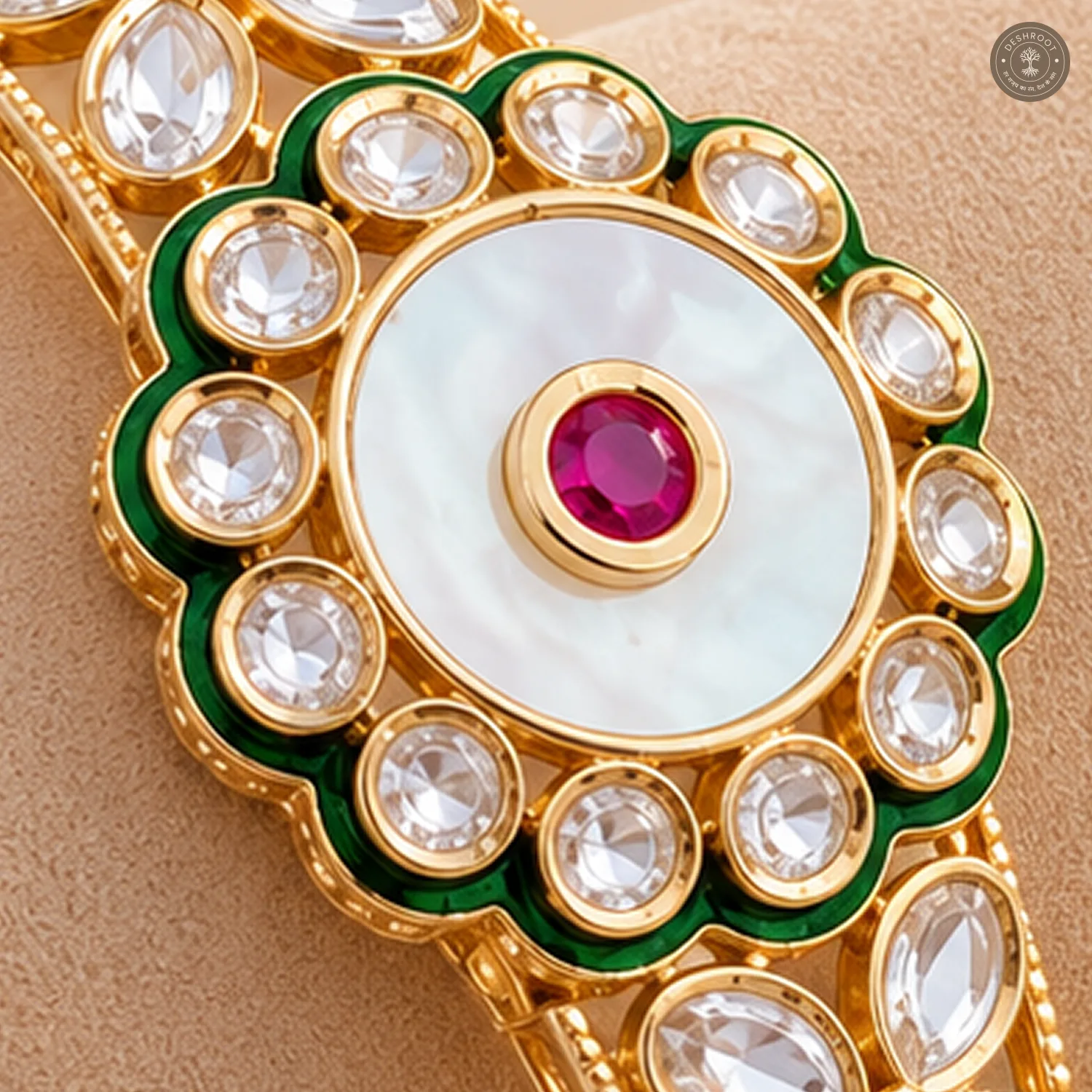 White Disc Green Enamel Scalloped Medallion Gold-Tone Kada Bracelet