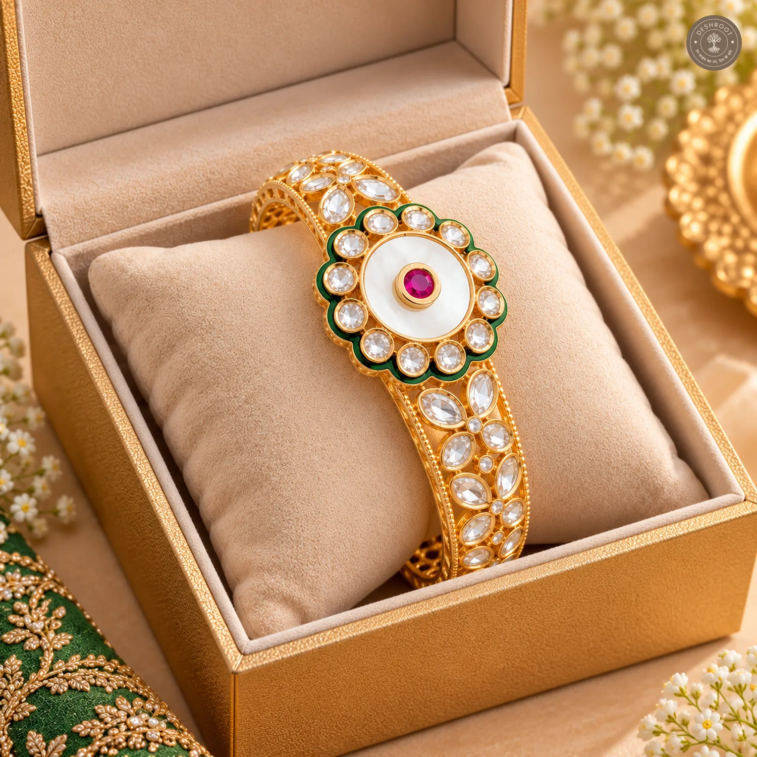 White Disc Green Enamel Scalloped Medallion Gold-Tone Kada Bracelet