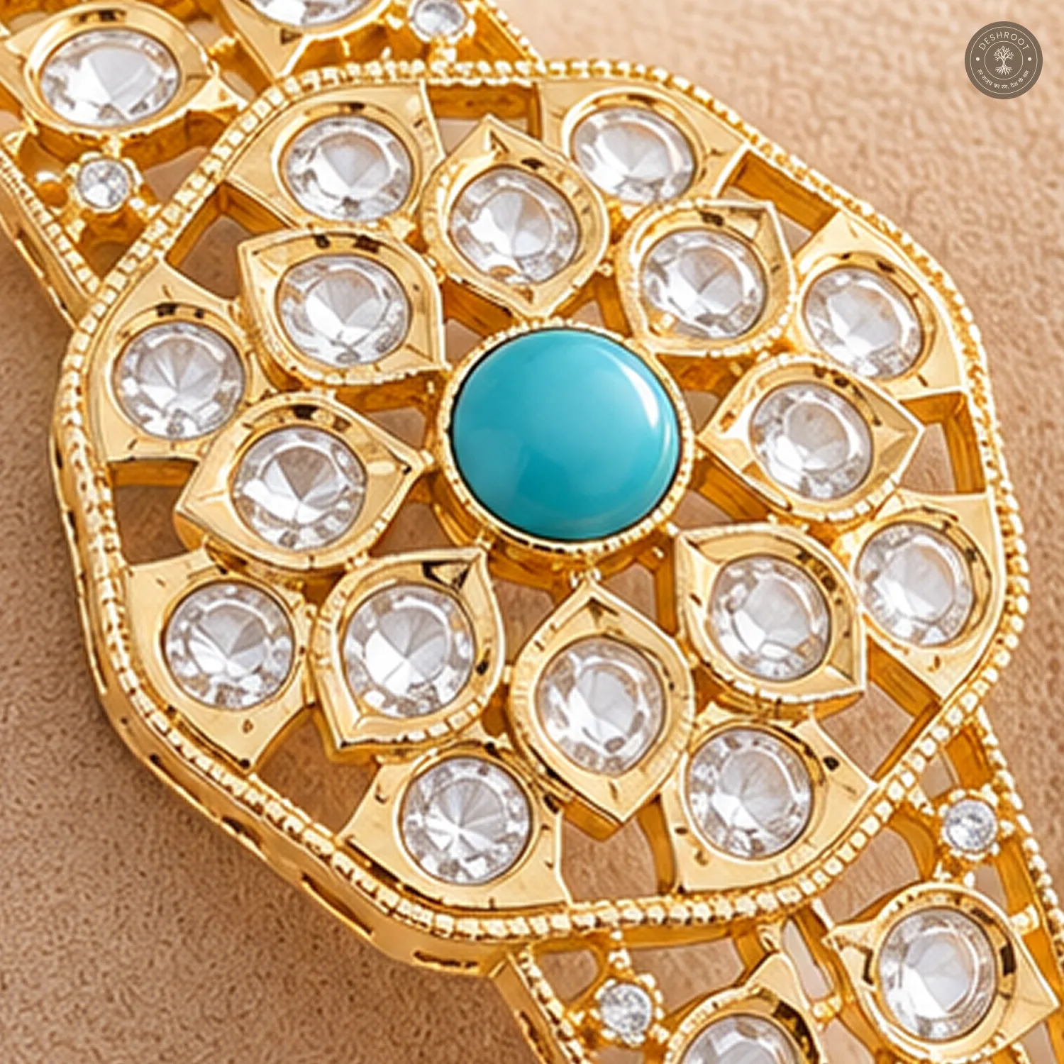 Turquoise Centre Octagon Medallion Openwork Gold-Tone Kada Bracelet