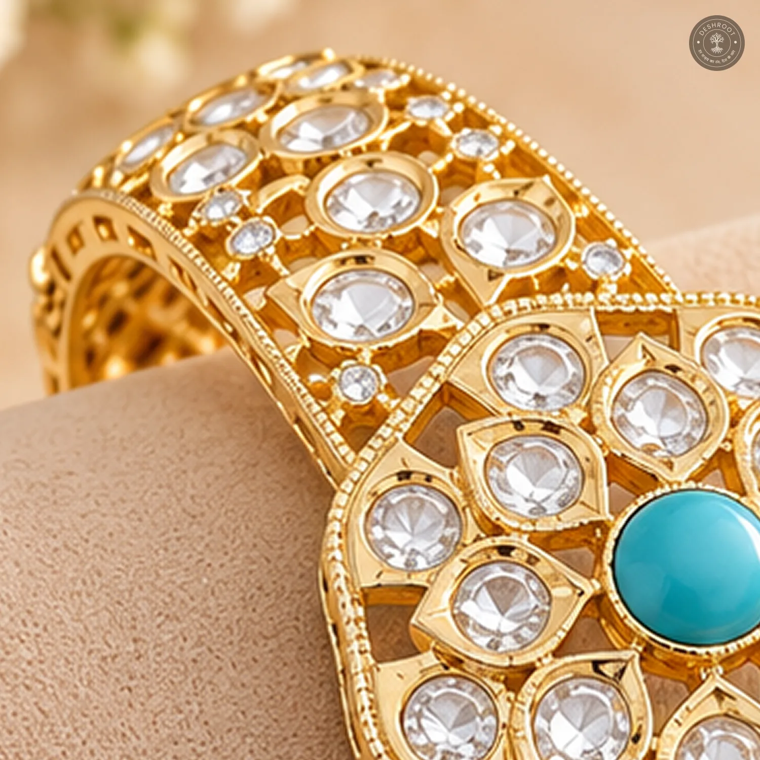 Turquoise Centre Octagon Medallion Openwork Gold-Tone Kada Bracelet