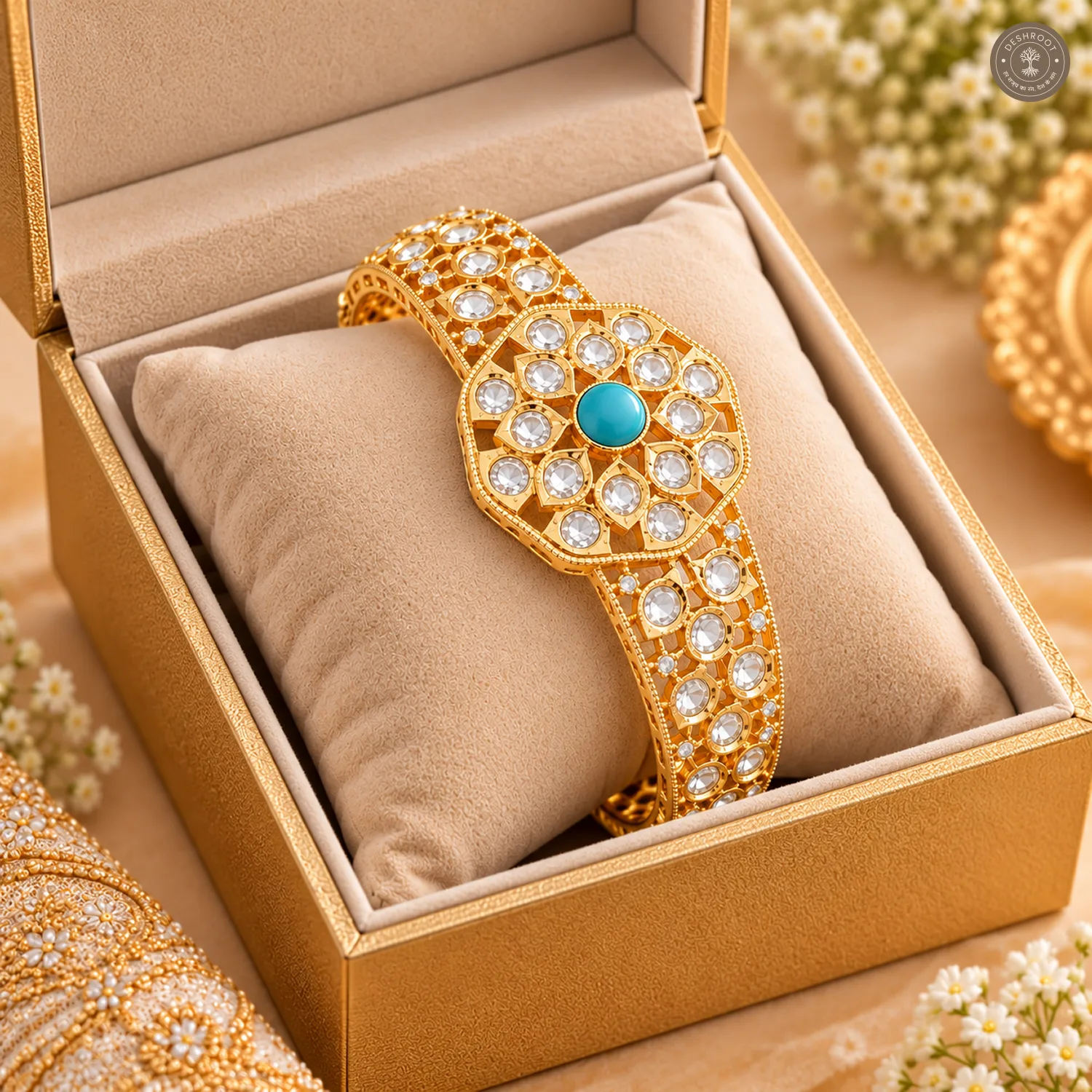 Turquoise Centre Octagon Medallion Openwork Gold-Tone Kada Bracelet