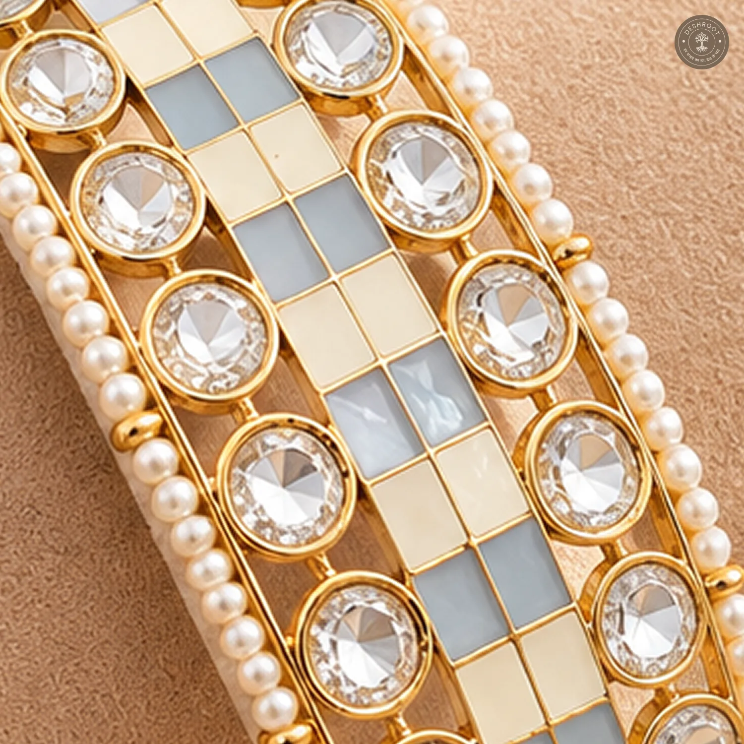 Blue Ivory Checkerboard Enamel Pearl Edge Gold-Tone Kada Bracelet