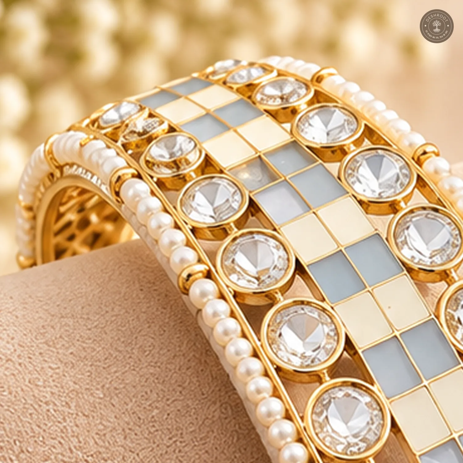 Blue Ivory Checkerboard Enamel Pearl Edge Gold-Tone Kada Bracelet