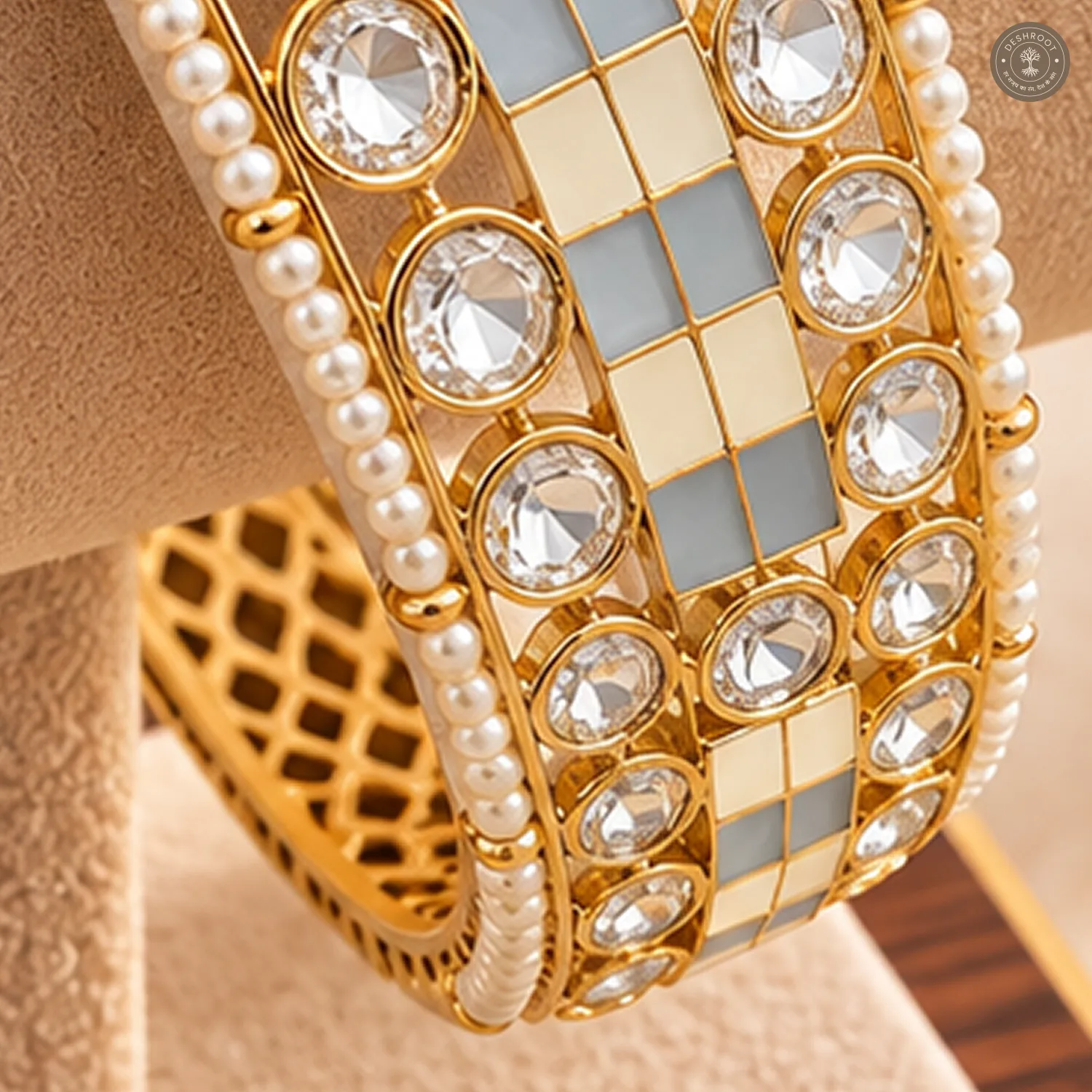 Blue Ivory Checkerboard Enamel Pearl Edge Gold-Tone Kada Bracelet