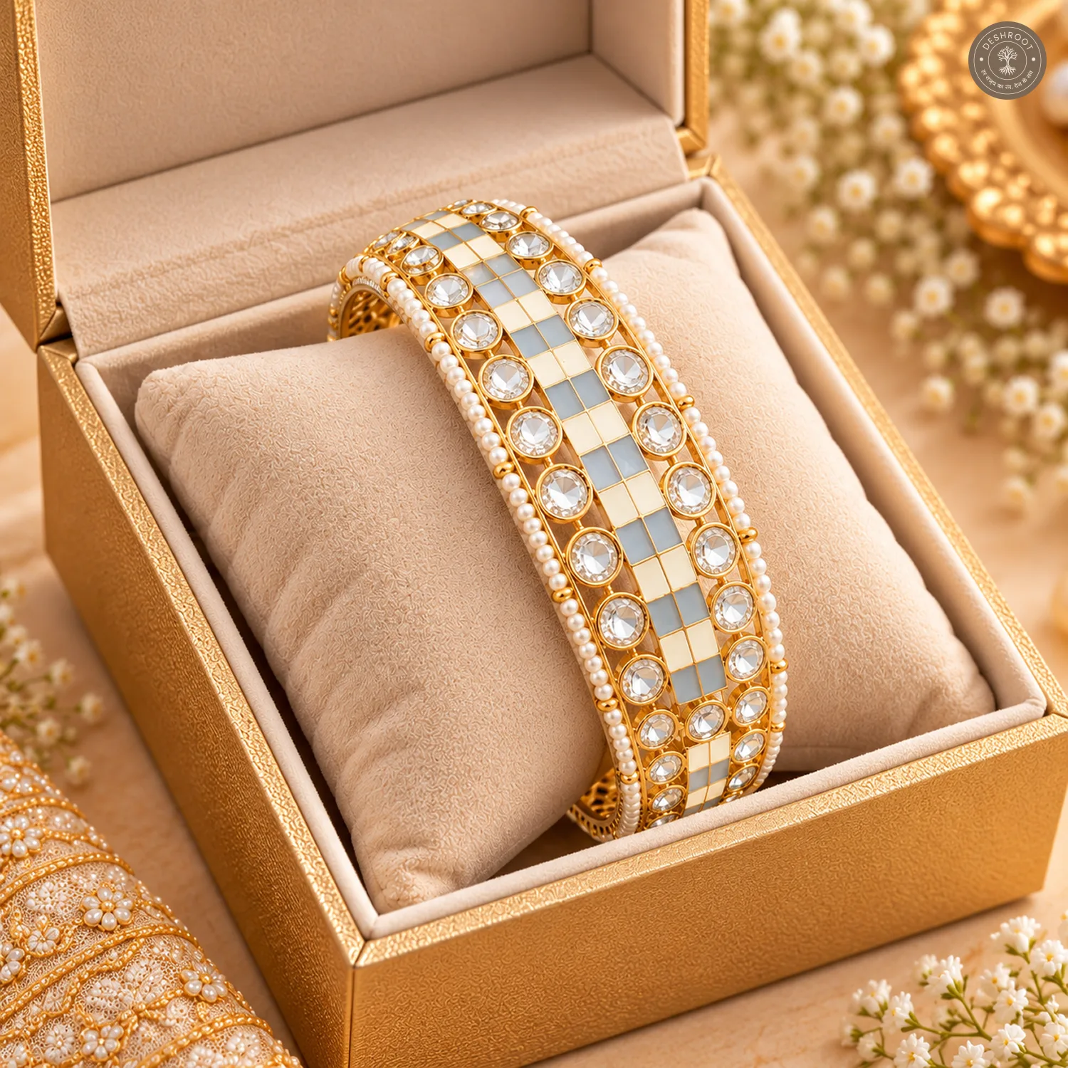 Blue Ivory Checkerboard Enamel Pearl Edge Gold-Tone Kada Bracelet