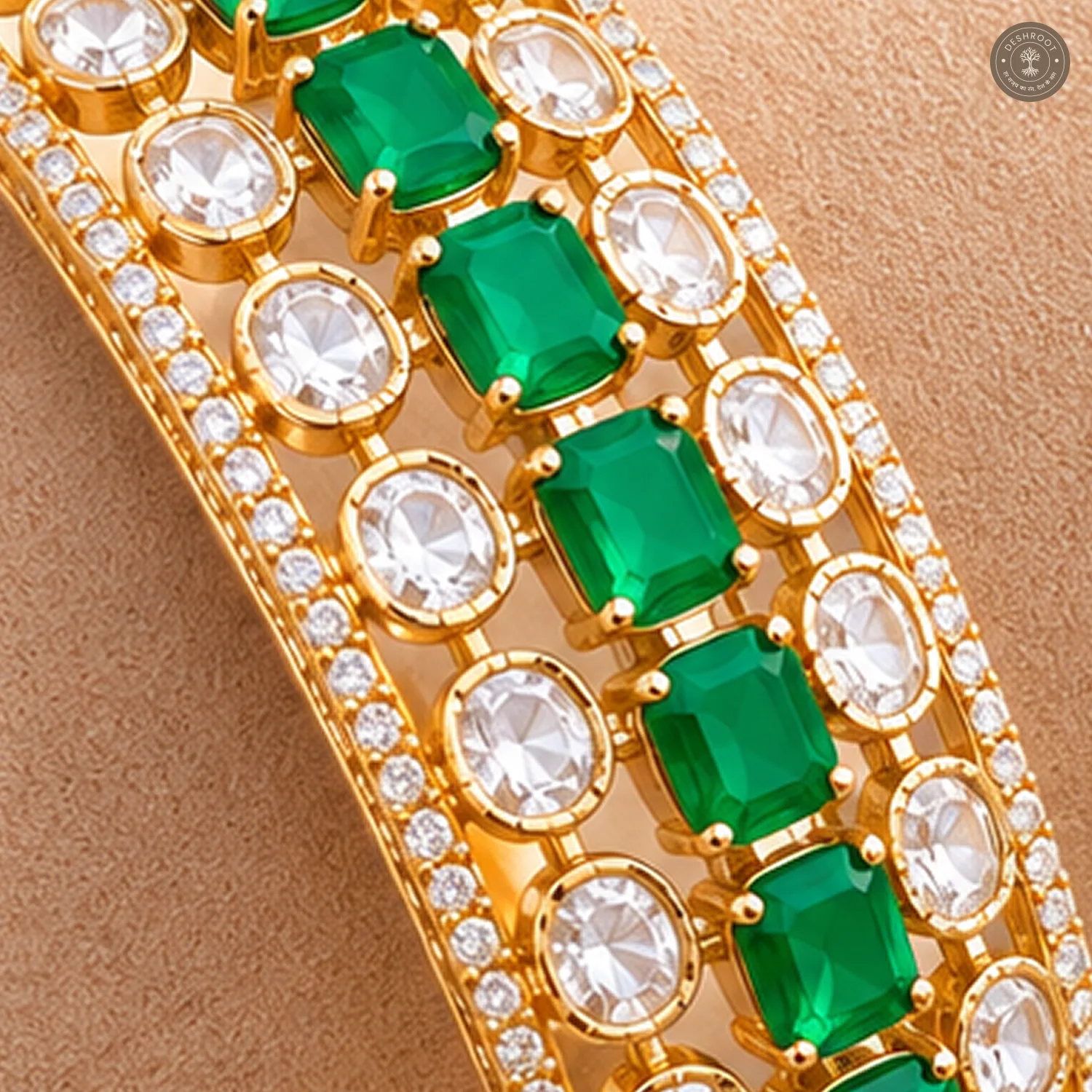 Green Emerald-Cut Stone Line Clear Kundan Gold-Tone Kada Bracelet