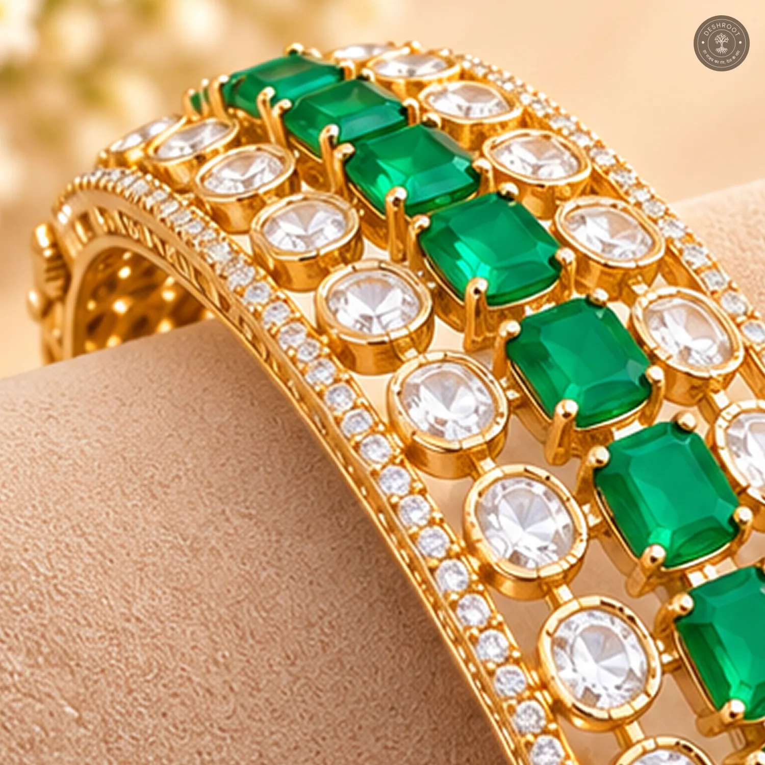 Green Emerald-Cut Stone Line Clear Kundan Gold-Tone Kada Bracelet