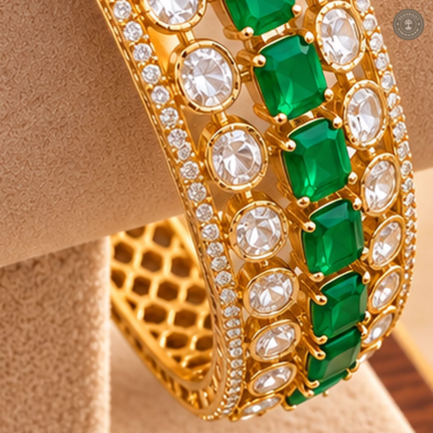 Green Emerald-Cut Stone Line Clear Kundan Gold-Tone Kada Bracelet