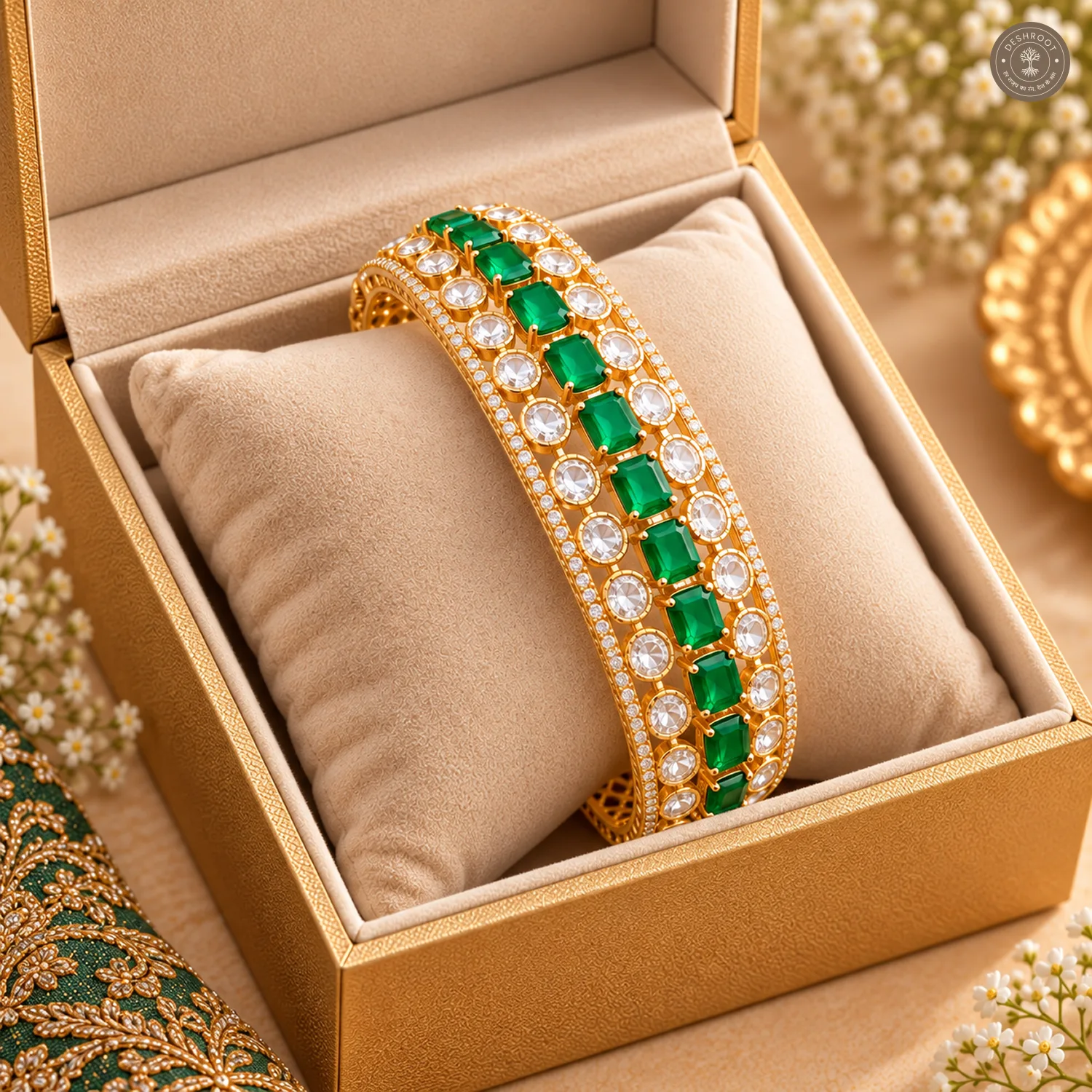 Green Emerald-Cut Stone Line Clear Kundan Gold-Tone Kada Bracelet