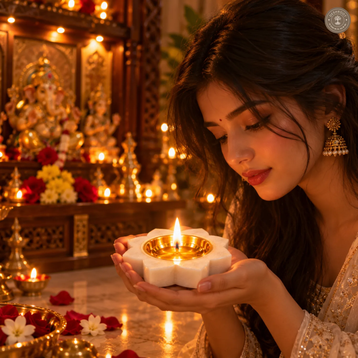 White Marble Lotus Diya