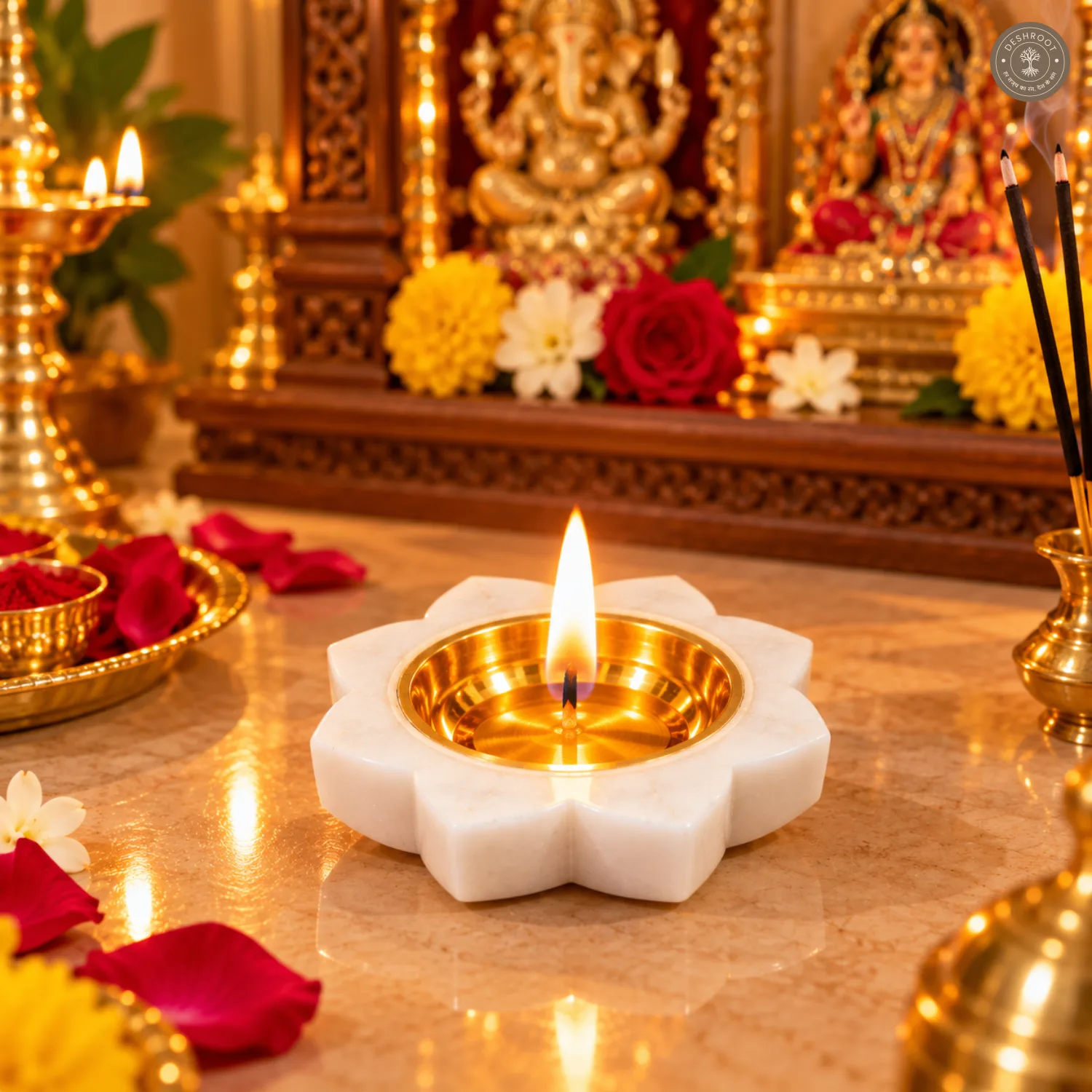 White Marble Lotus Diya