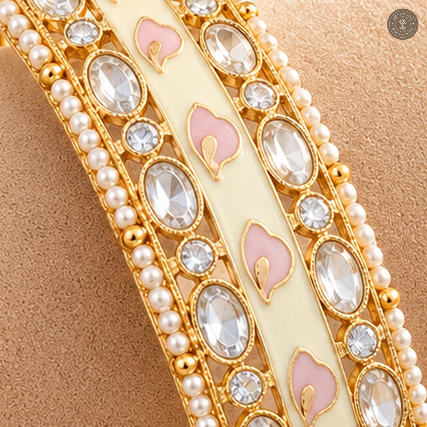 Ivory Pink Petal Enamel Strip Pearl Edge Gold-Tone Kada Bracelet
