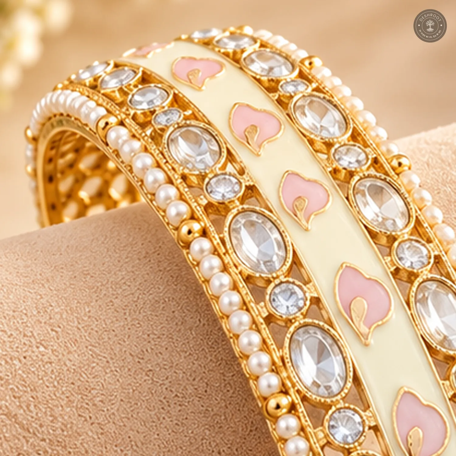 Ivory Pink Petal Enamel Strip Pearl Edge Gold-Tone Kada Bracelet