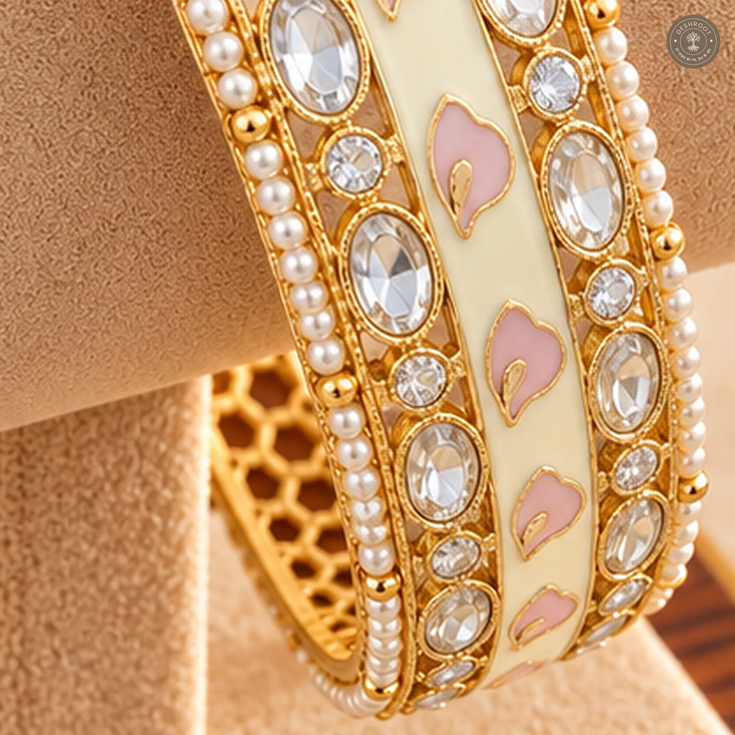 Ivory Pink Petal Enamel Strip Pearl Edge Gold-Tone Kada Bracelet