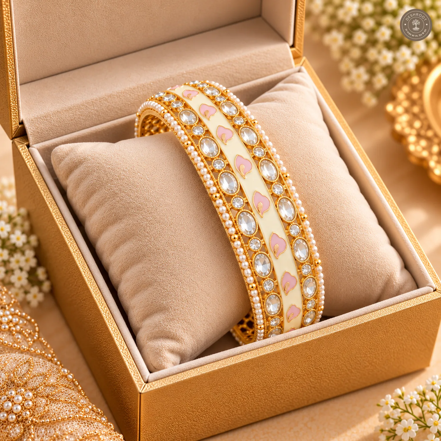 Ivory Pink Petal Enamel Strip Pearl Edge Gold-Tone Kada Bracelet