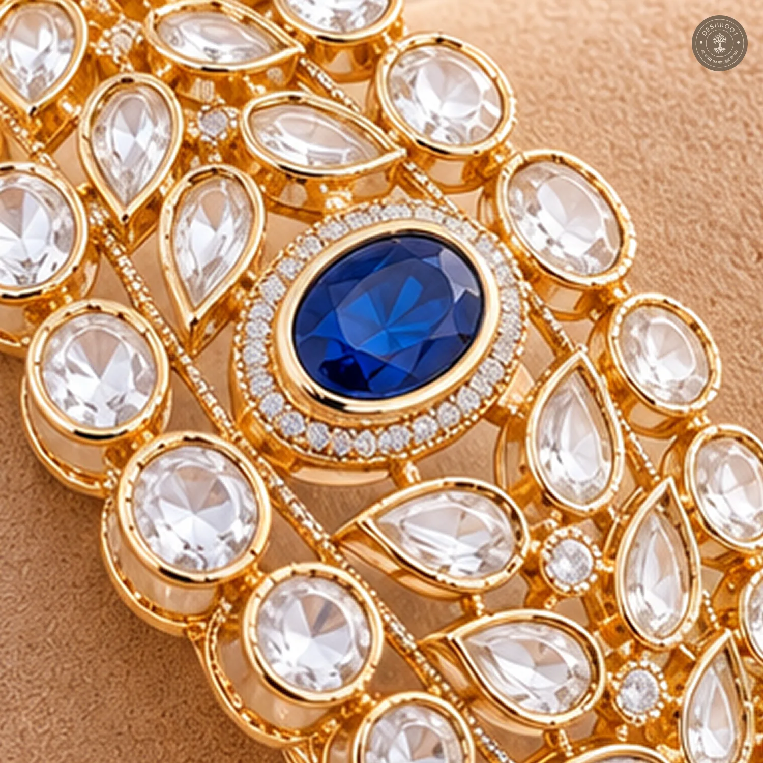 Blue Oval Centre Stone Leaf Cluster Clear Kundan Gold-Tone Kada Bracelet