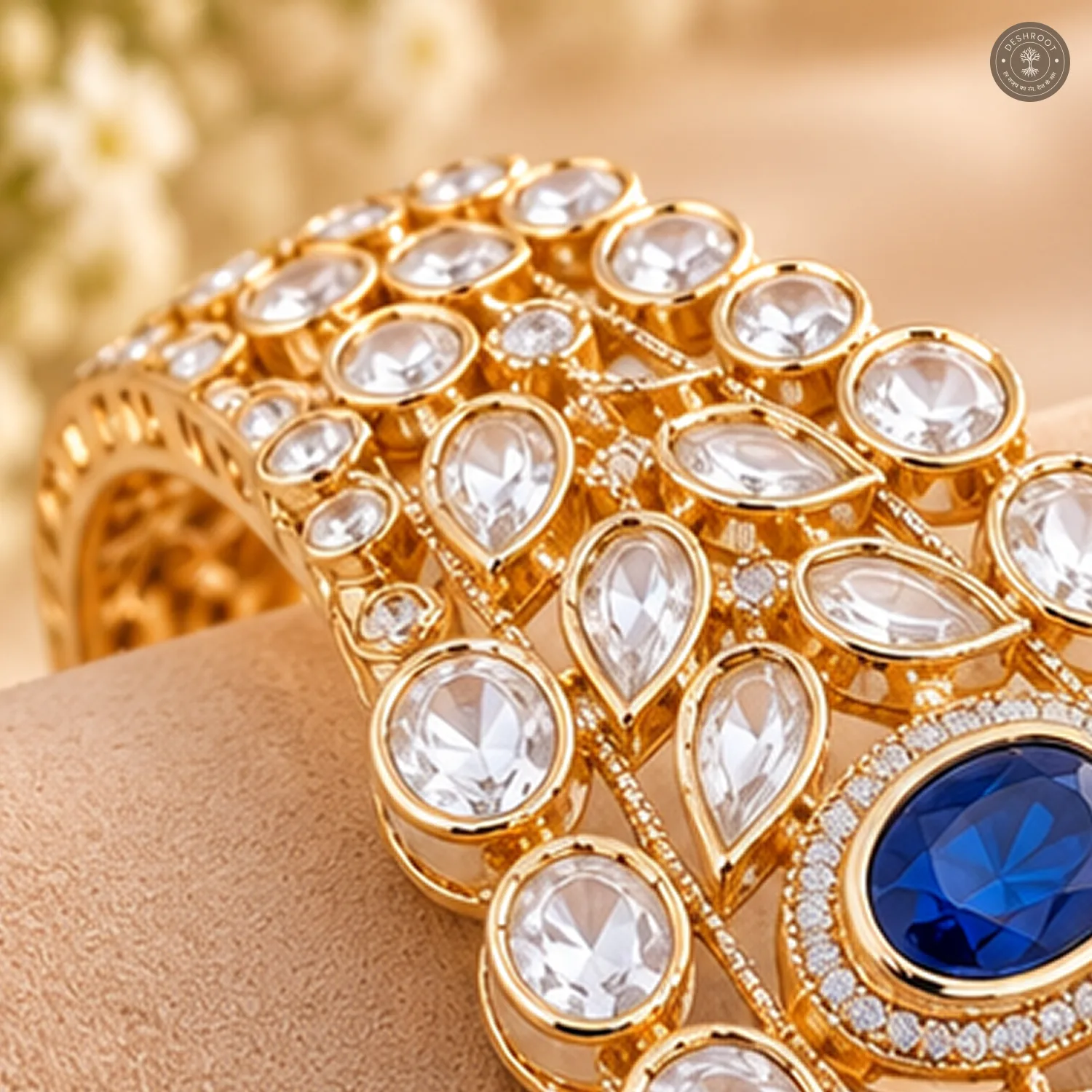 Blue Oval Centre Stone Leaf Cluster Clear Kundan Gold-Tone Kada Bracelet