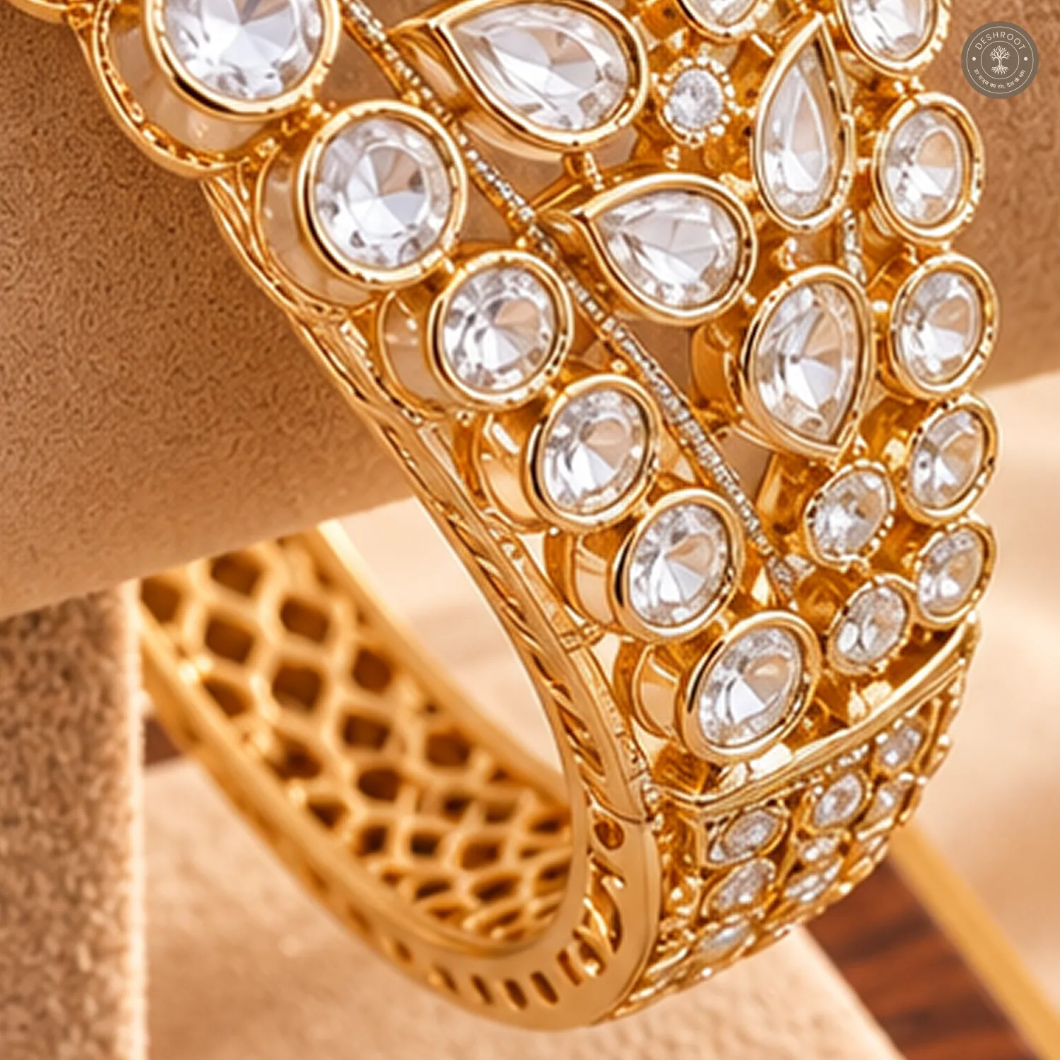 Blue Oval Centre Stone Leaf Cluster Clear Kundan Gold-Tone Kada Bracelet