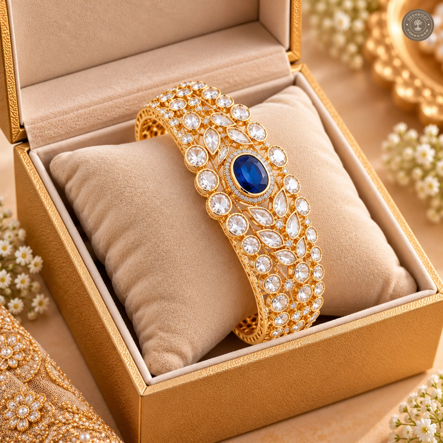 Blue Oval Centre Stone Leaf Cluster Clear Kundan Gold-Tone Kada Bracelet
