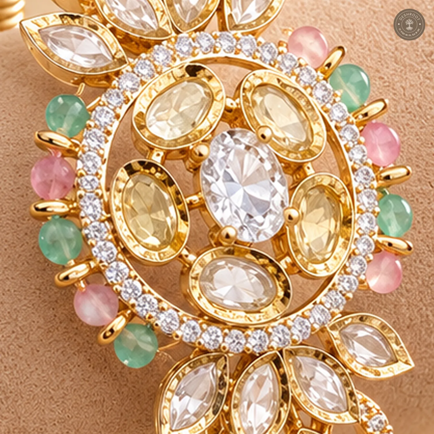 Pastel Bead Oval Medallion Ribbed Band Gold-Tone Cuff Bracelet