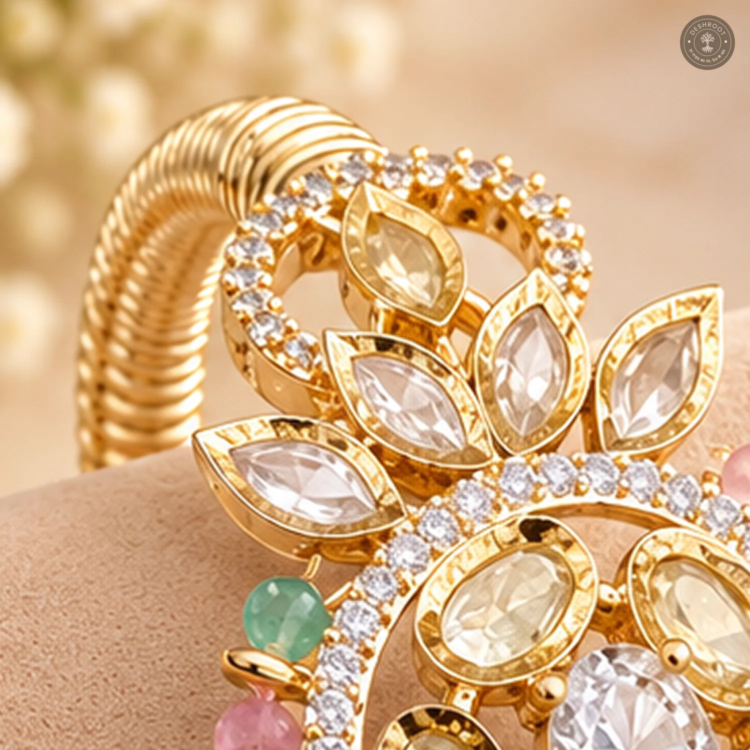 Pastel Bead Oval Medallion Ribbed Band Gold-Tone Cuff Bracelet