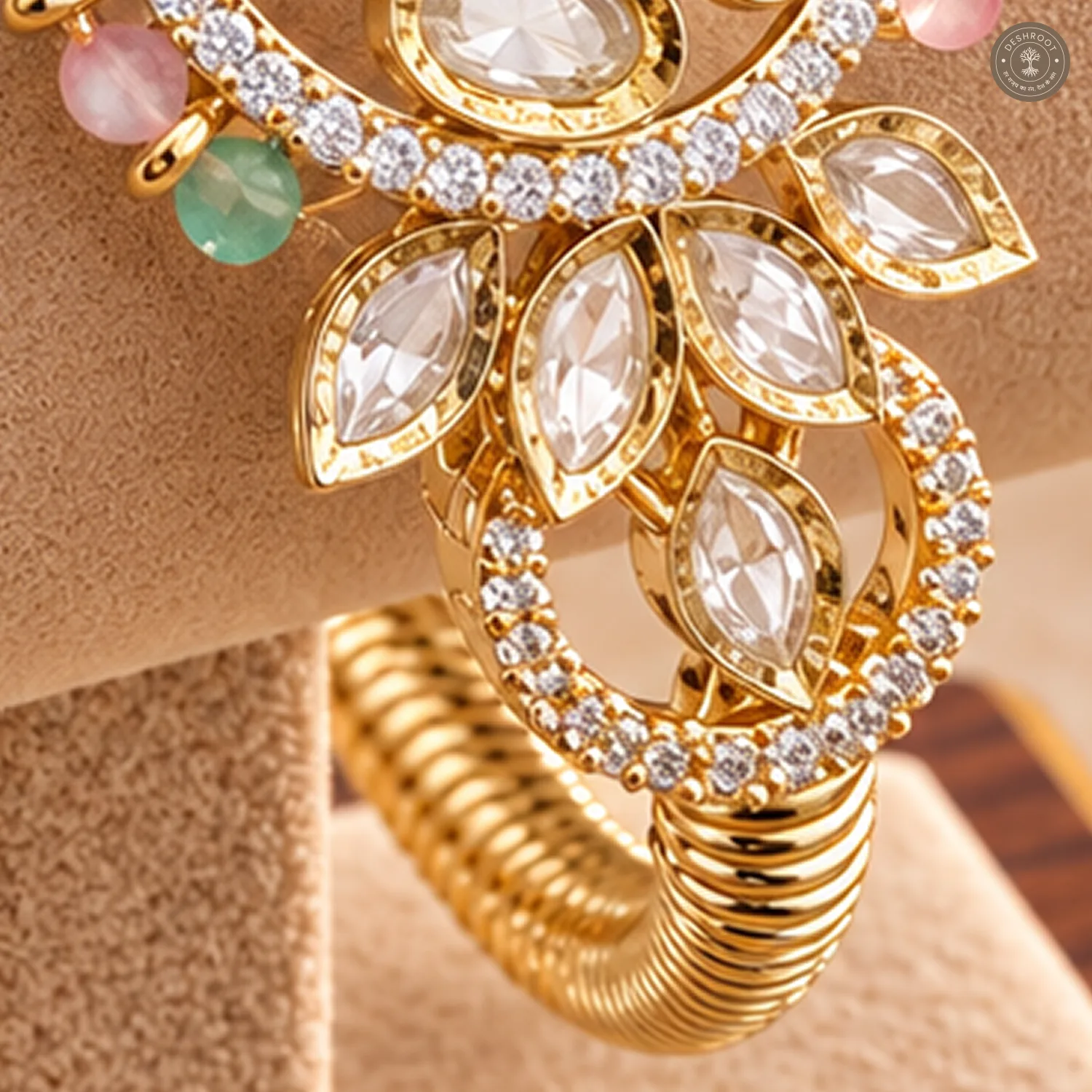 Pastel Bead Oval Medallion Ribbed Band Gold-Tone Cuff Bracelet