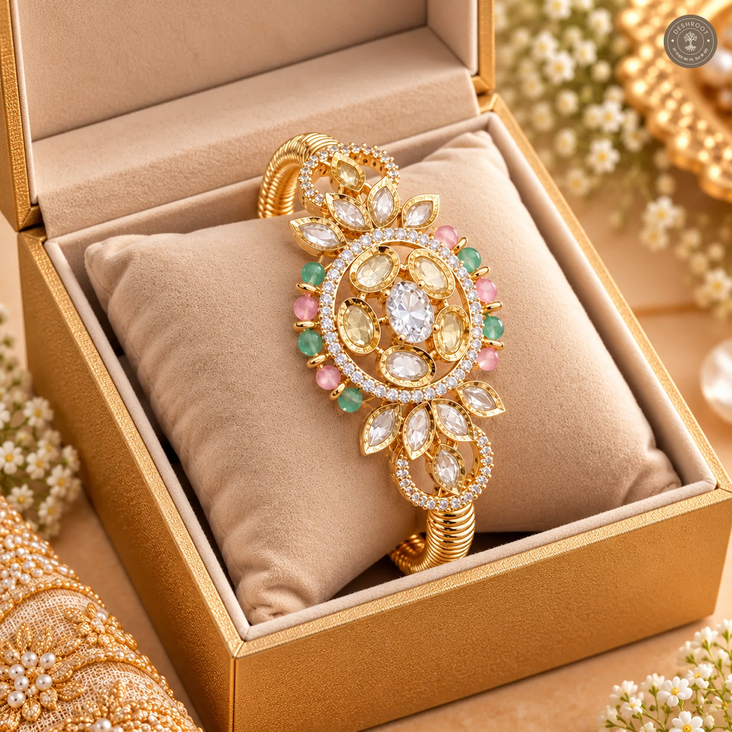 Pastel Bead Oval Medallion Ribbed Band Gold-Tone Cuff Bracelet