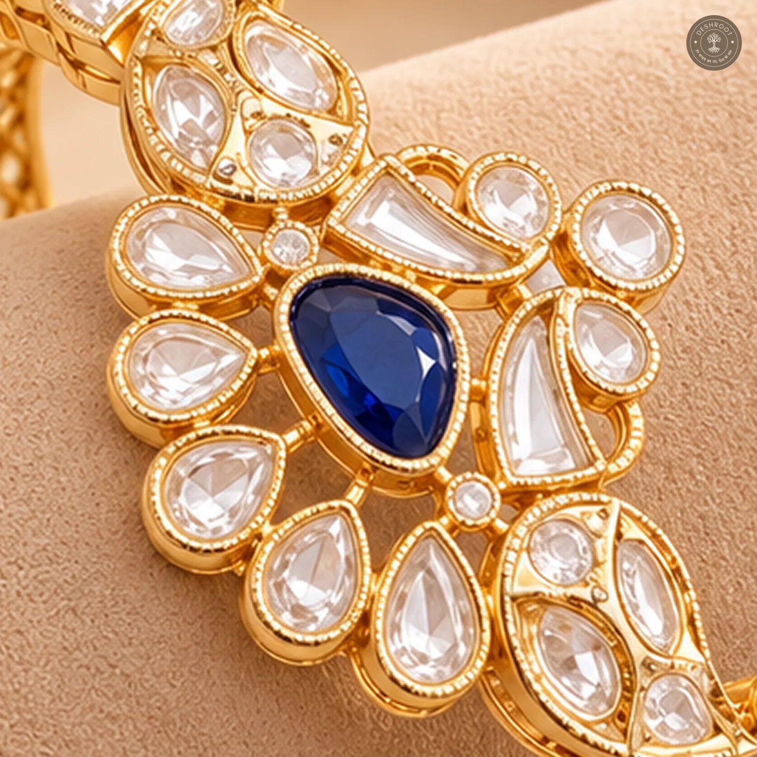Blue Pear Centre Stone Paisley Motif Slim Gold-Tone Kada Bracelet