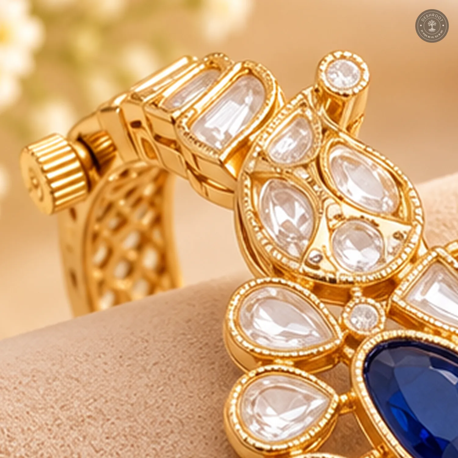 Blue Pear Centre Stone Paisley Motif Slim Gold-Tone Kada Bracelet