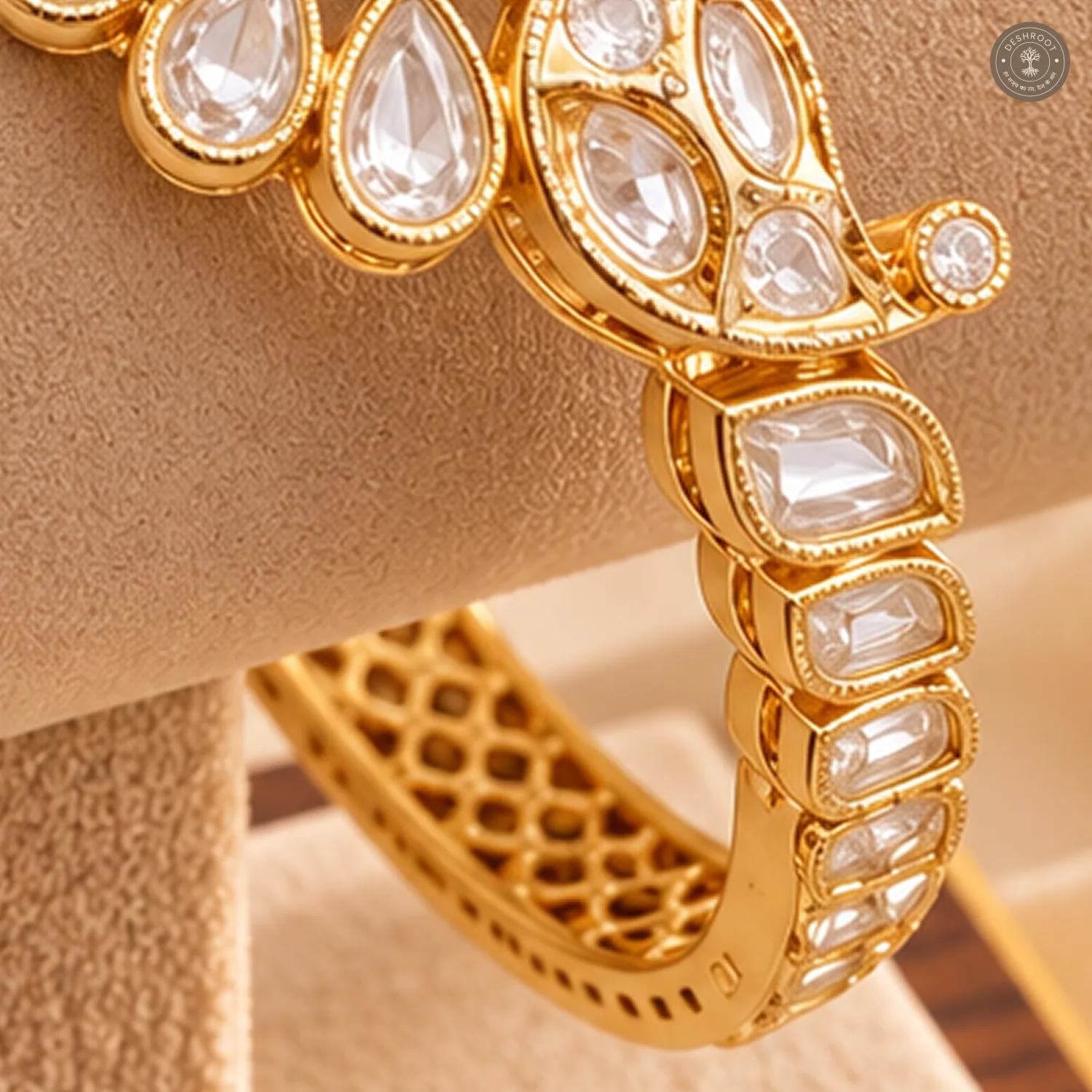 Blue Pear Centre Stone Paisley Motif Slim Gold-Tone Kada Bracelet
