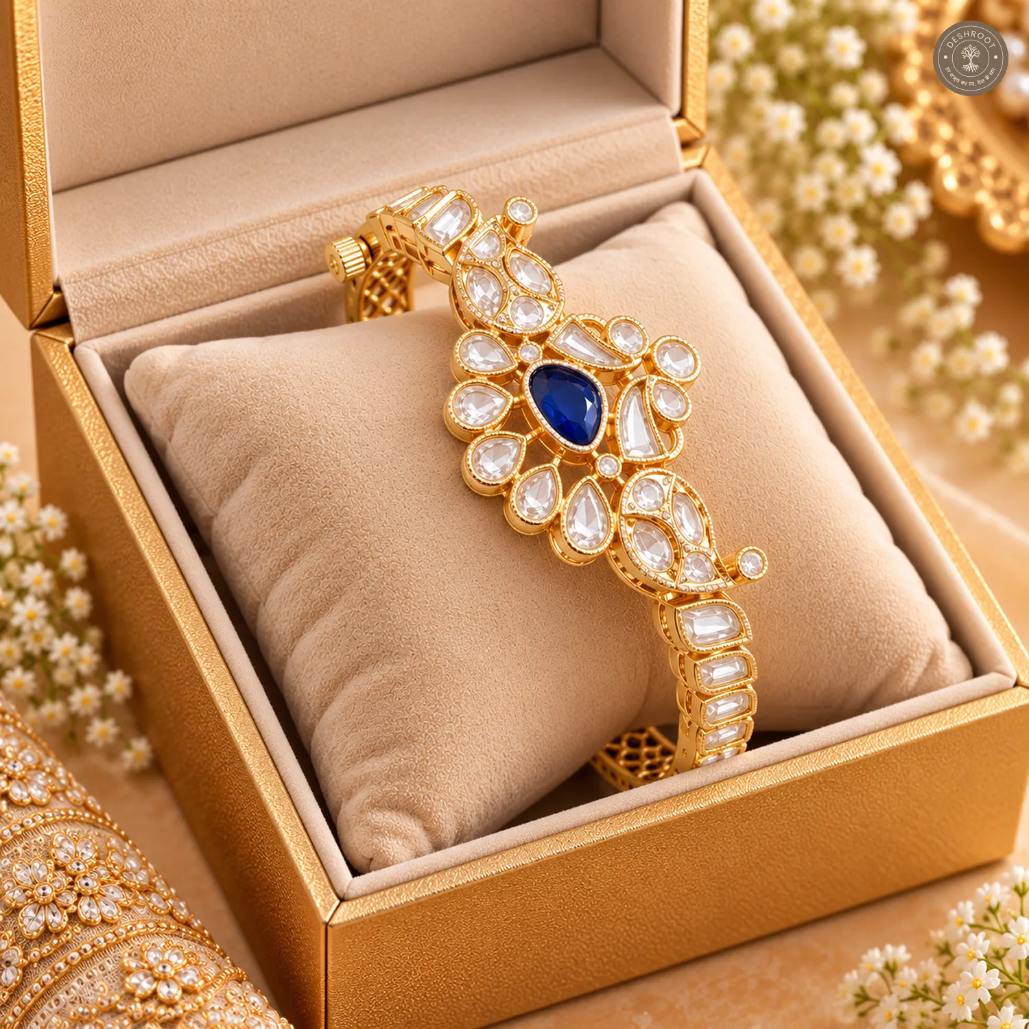Blue Pear Centre Stone Paisley Motif Slim Gold-Tone Kada Bracelet