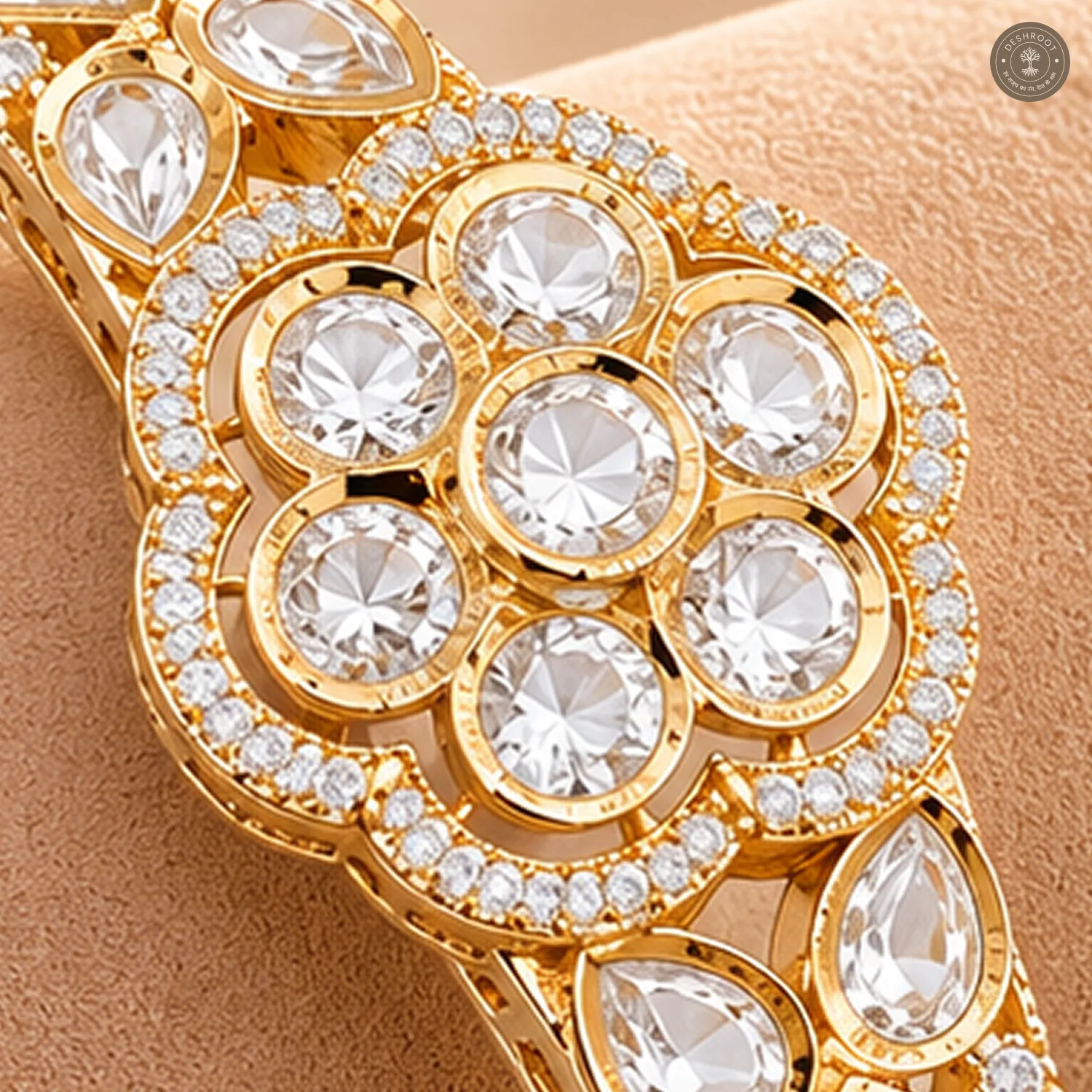 Clear Round Cluster Medallion Square Cut Accent Gold-Tone Kada Bracelet