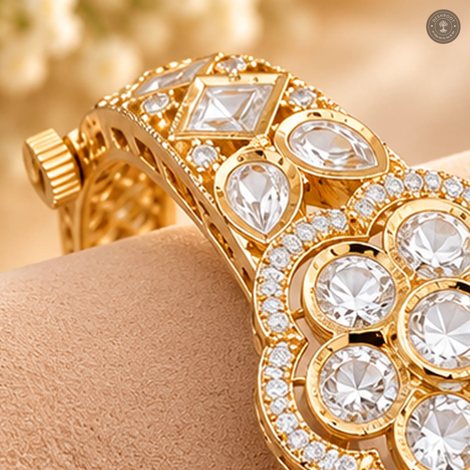 Clear Round Cluster Medallion Square Cut Accent Gold-Tone Kada Bracelet