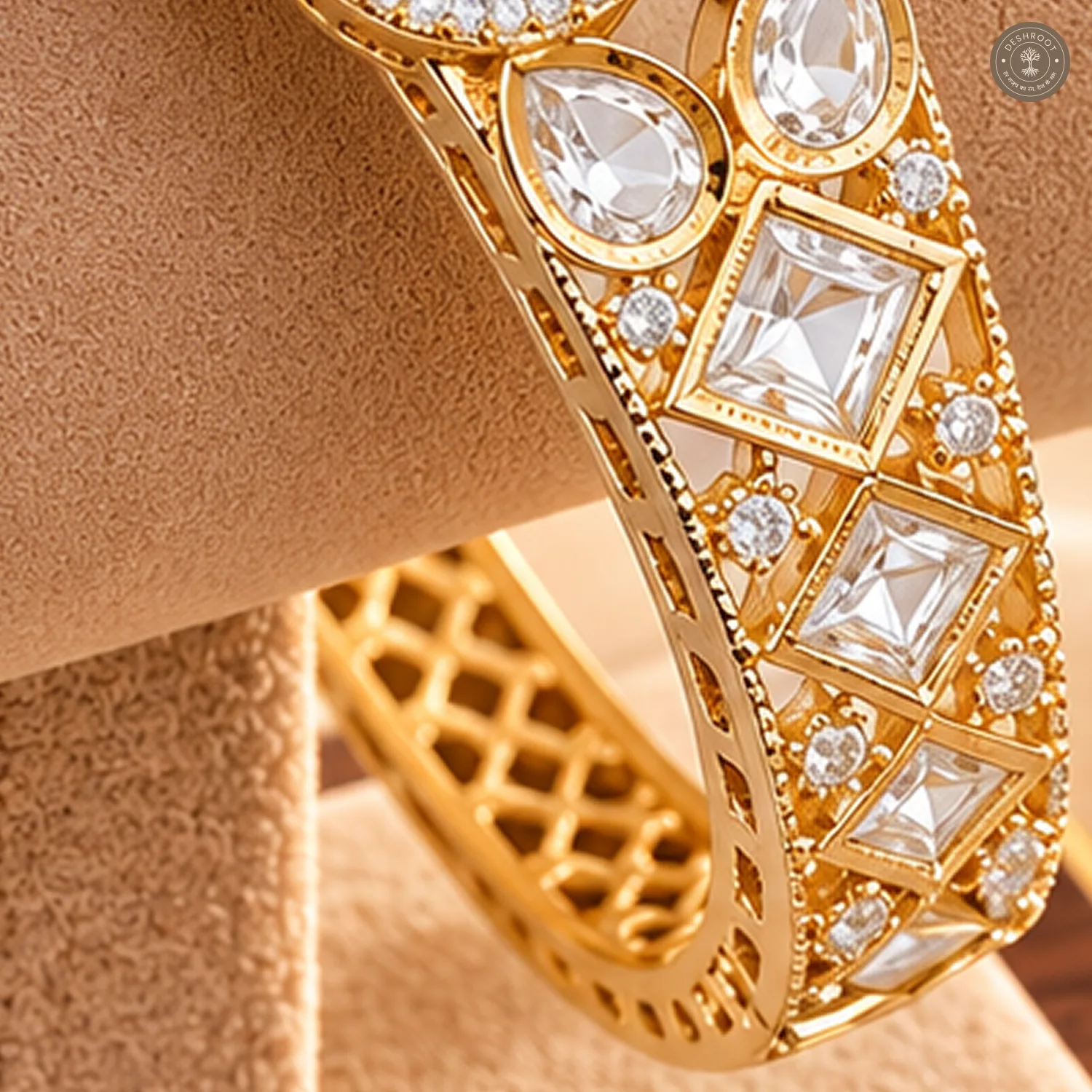 Clear Round Cluster Medallion Square Cut Accent Gold-Tone Kada Bracelet