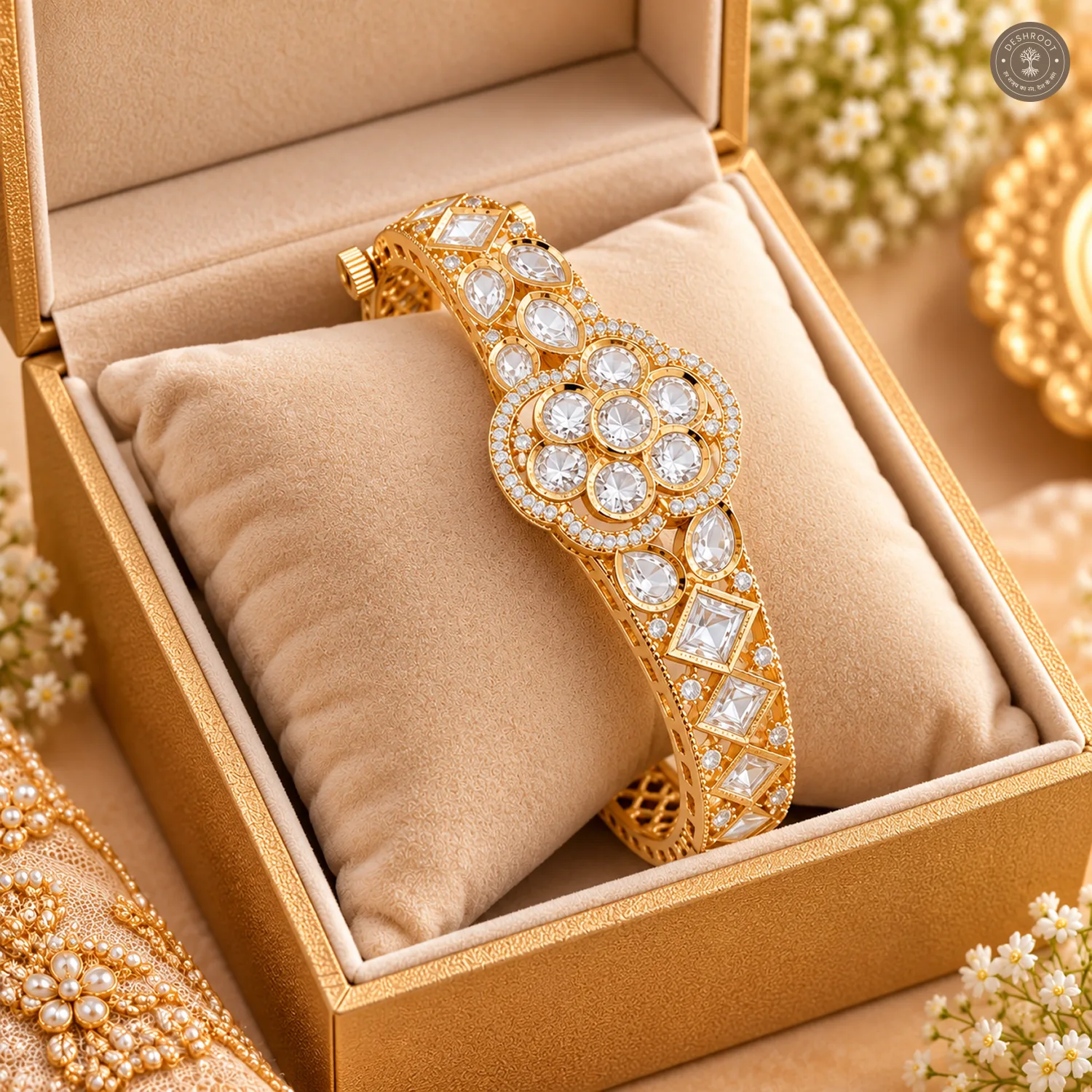 Clear Round Cluster Medallion Square Cut Accent Gold-Tone Kada Bracelet