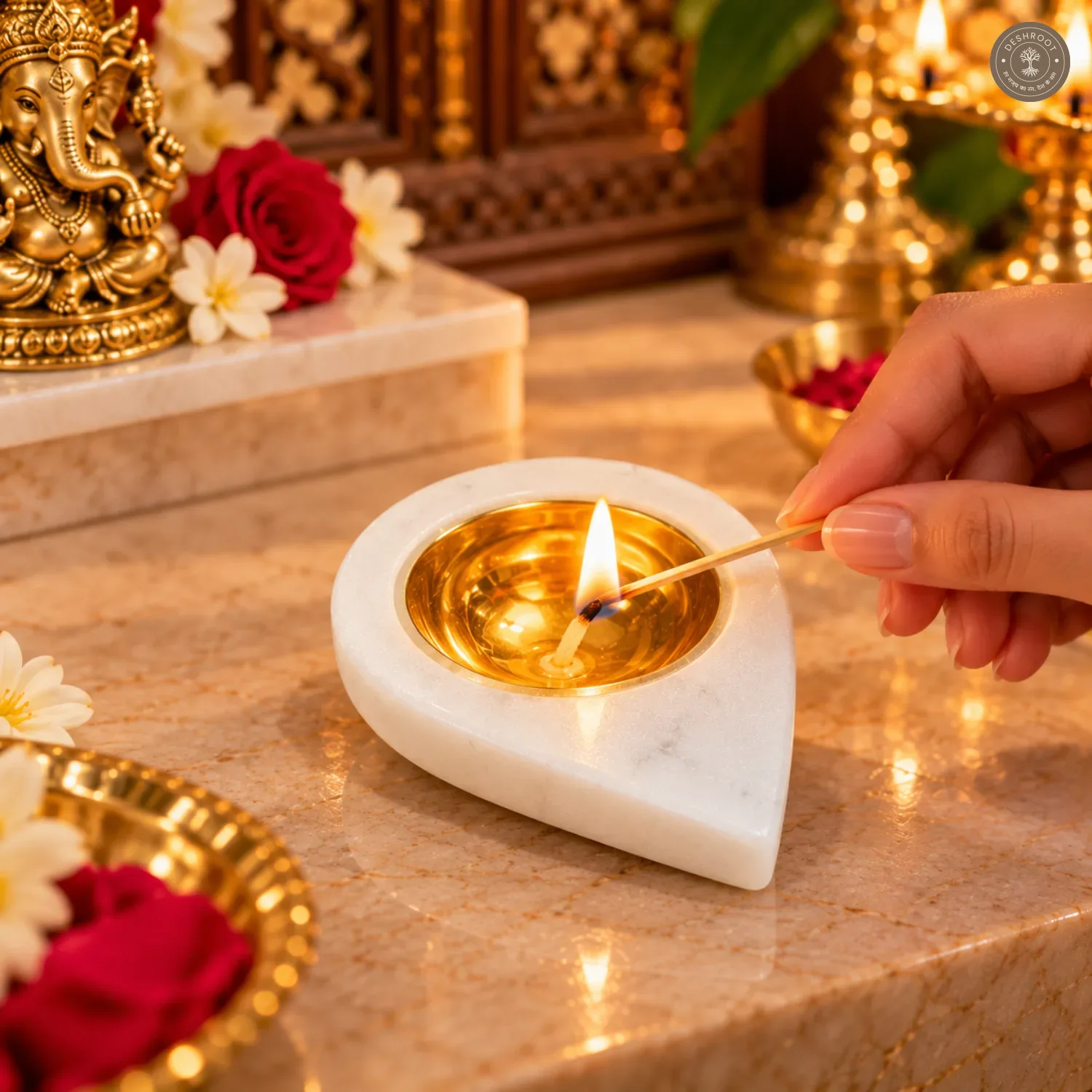 Premium White Marble Diya Holder with Brass Bowl