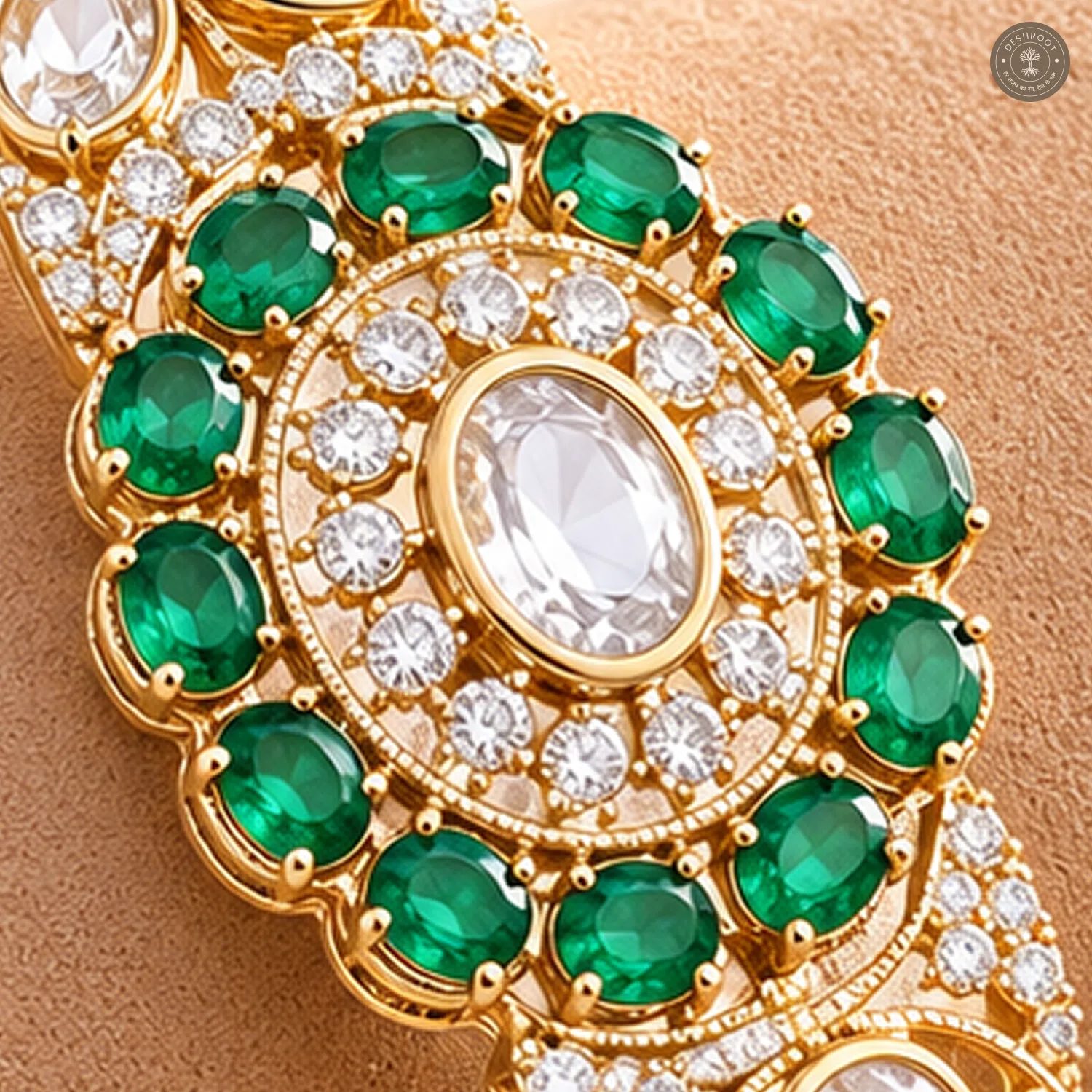 Green Oval Stone Halo Clear Centre Filigree Gold-Tone Kada Bracelet