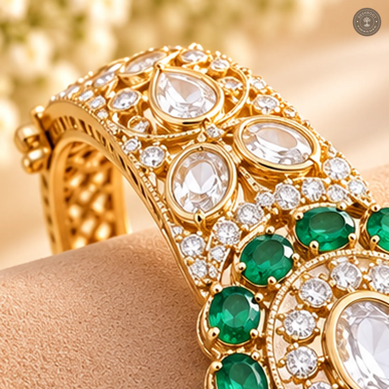 Green Oval Stone Halo Clear Centre Filigree Gold-Tone Kada Bracelet