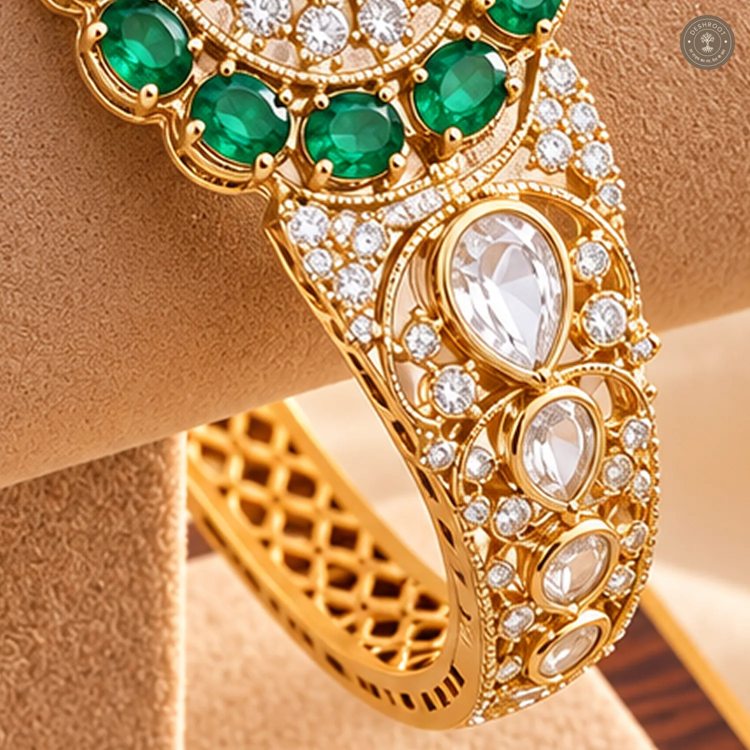 Green Oval Stone Halo Clear Centre Filigree Gold-Tone Kada Bracelet