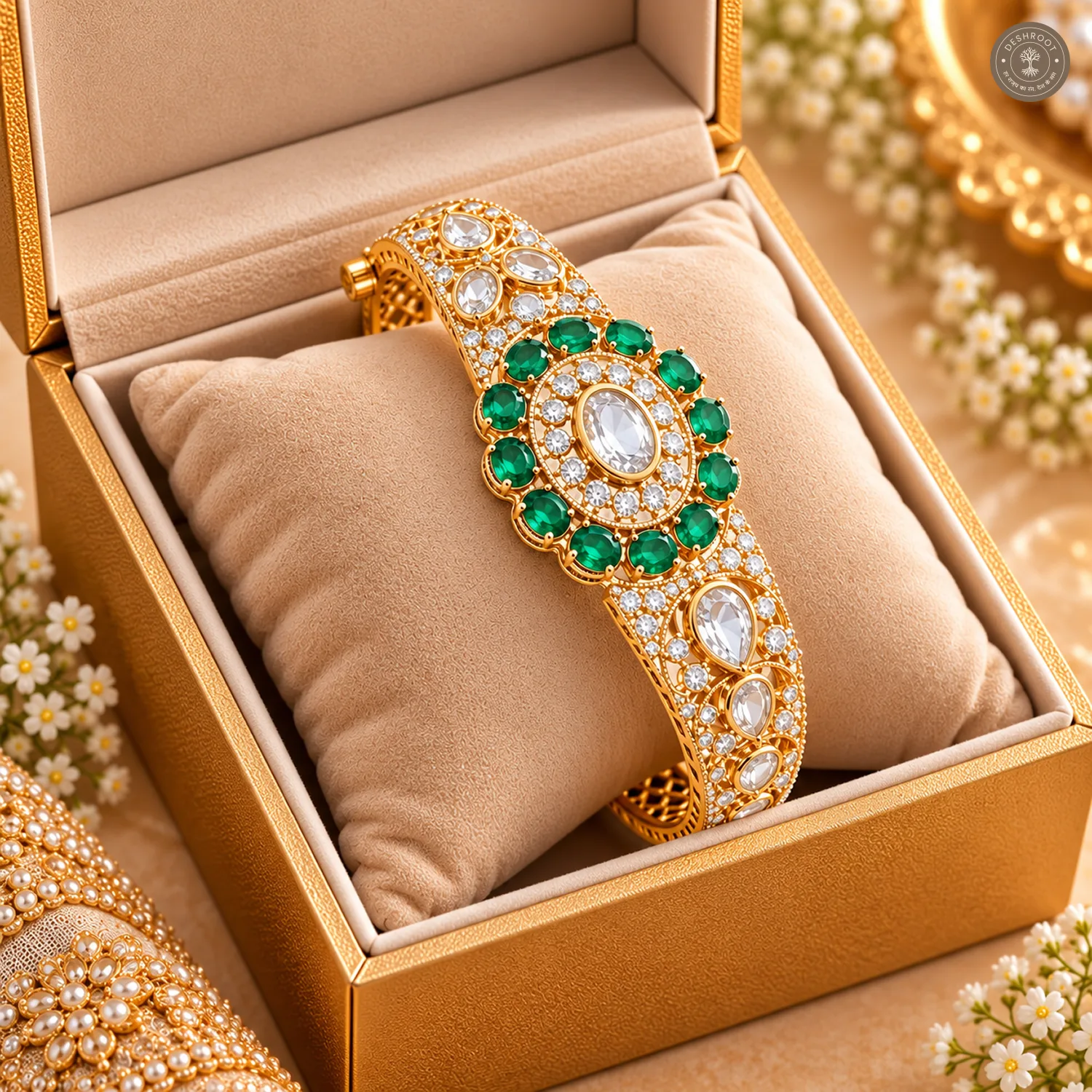 Green Oval Stone Halo Clear Centre Filigree Gold-Tone Kada Bracelet