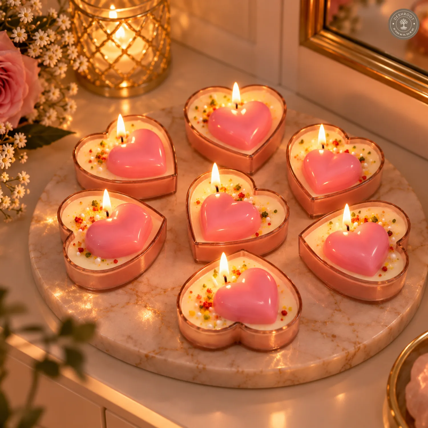 Set of 8 Pink Heart Scented Tealight Candles in Heart-Shaped Cups