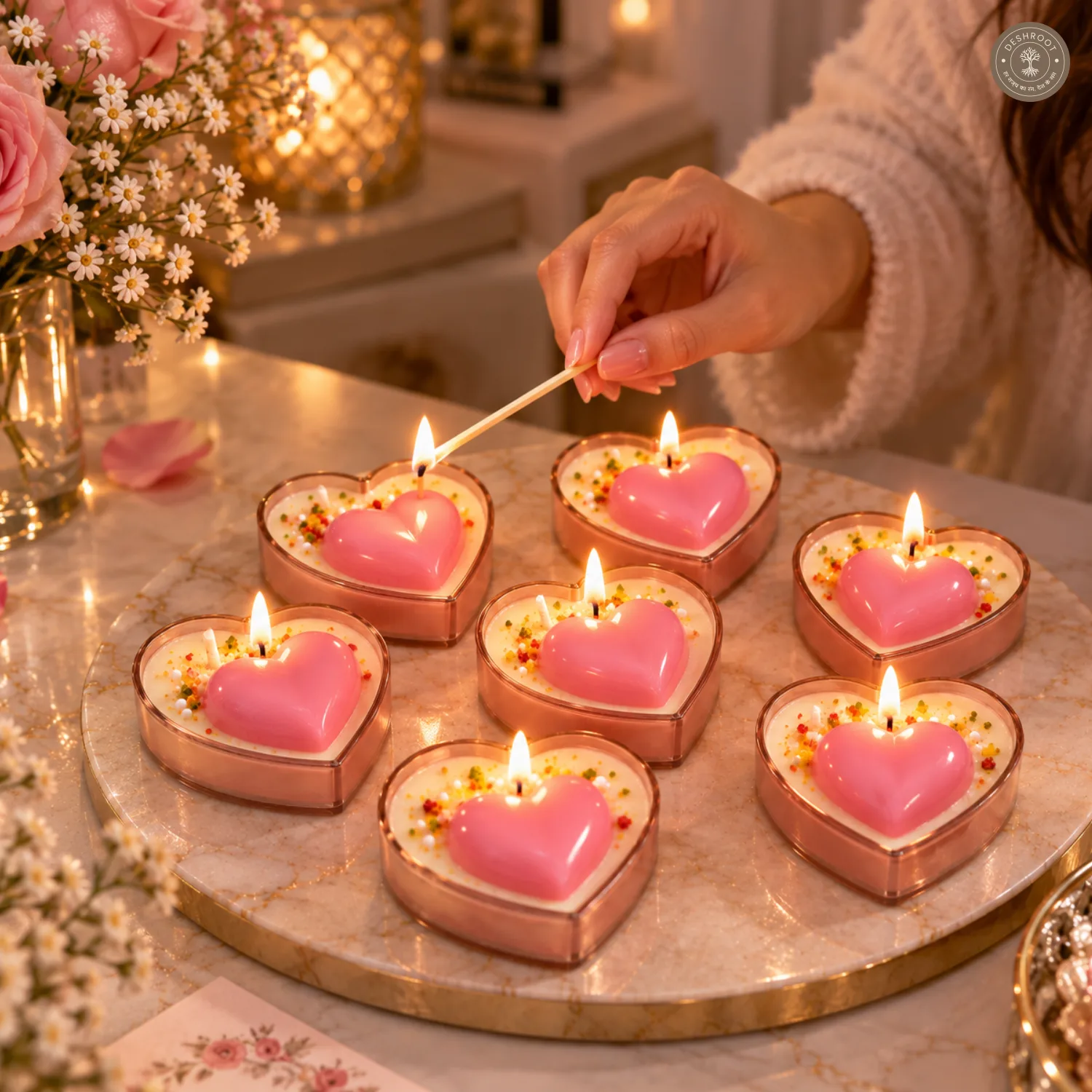 Set of 8 Pink Heart Scented Tealight Candles in Heart-Shaped Cups