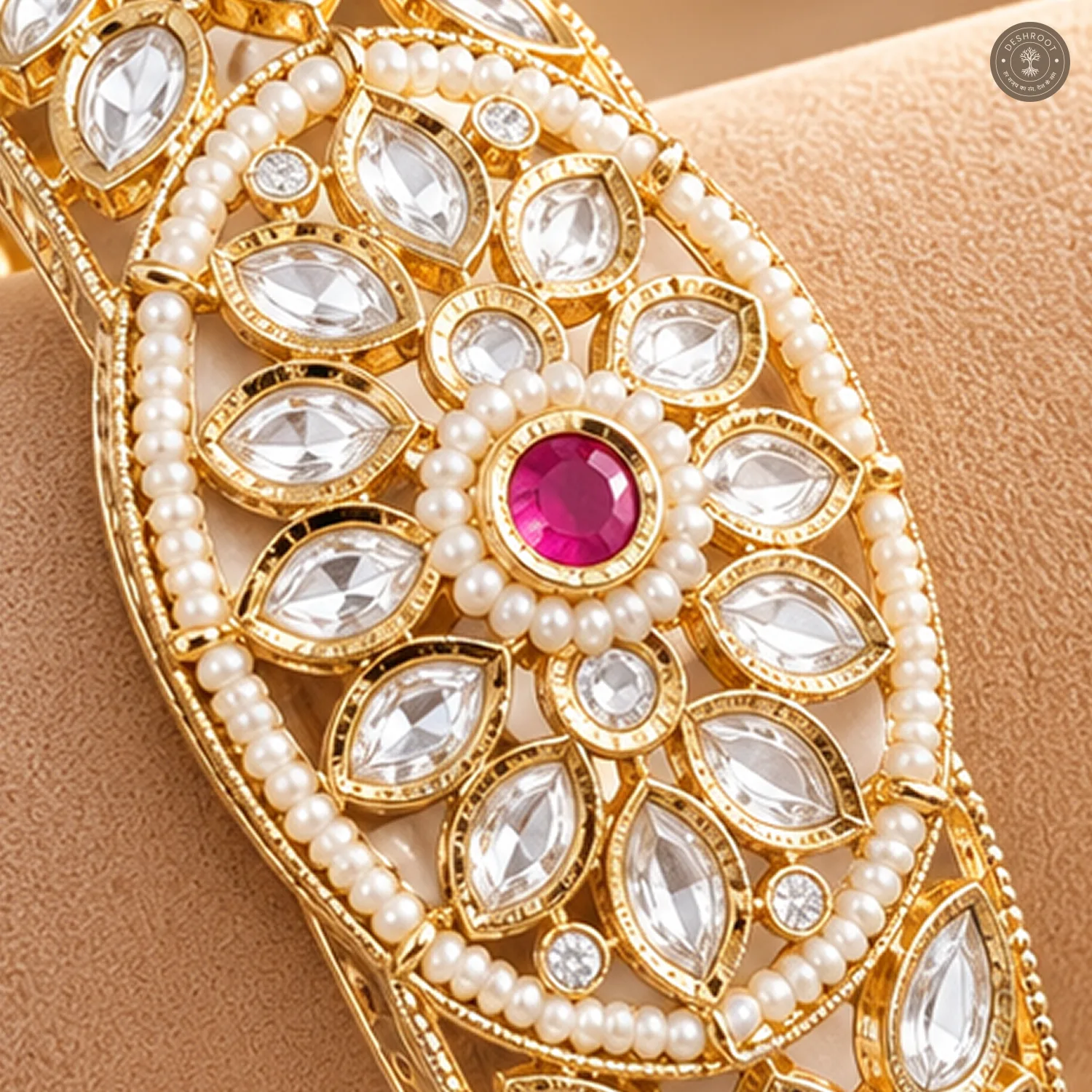 Marquise Petal Oval Medallion Pearl Ring Gold-Tone Kada Bracelet