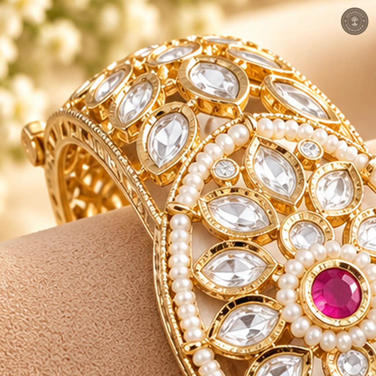 Marquise Petal Oval Medallion Pearl Ring Gold-Tone Kada Bracelet