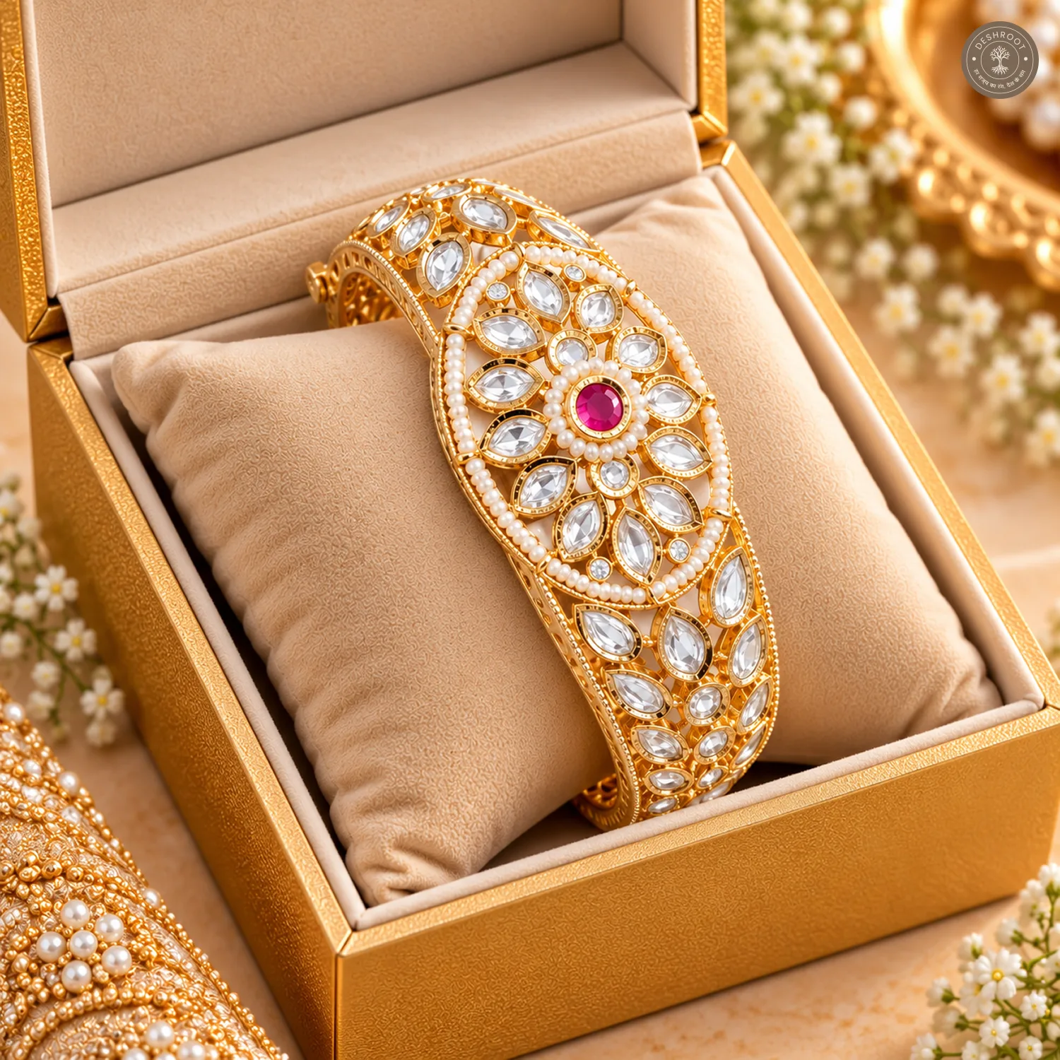 Marquise Petal Oval Medallion Pearl Ring Gold-Tone Kada Bracelet