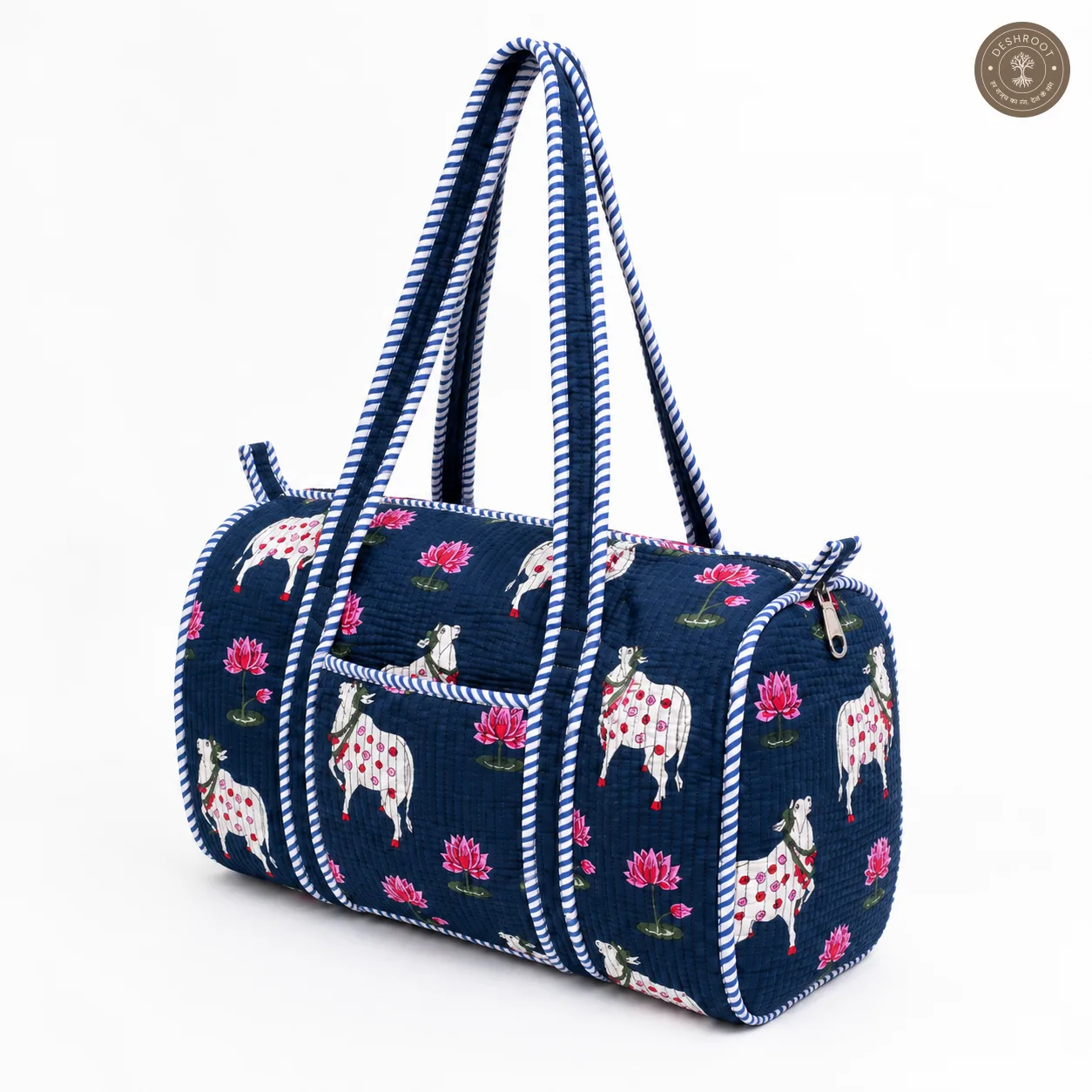 Handcrafted Quilted Blue Cotton Duffel Bag with Animal Print