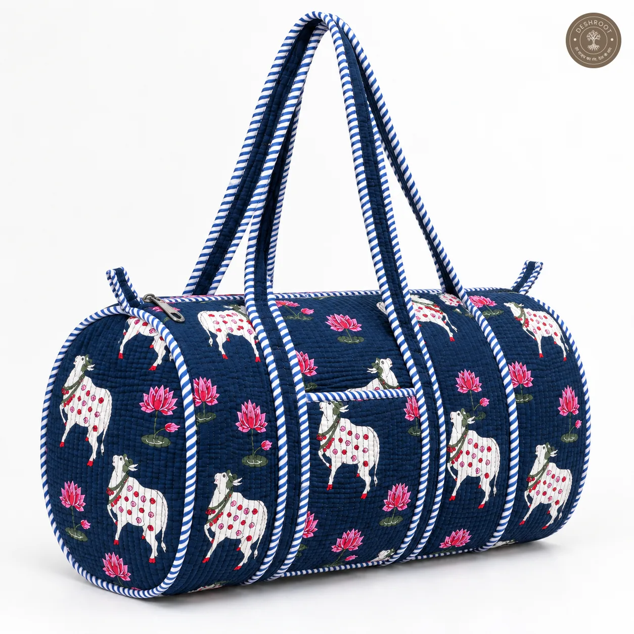 Handcrafted Quilted Blue Cotton Duffel Bag with Animal Print