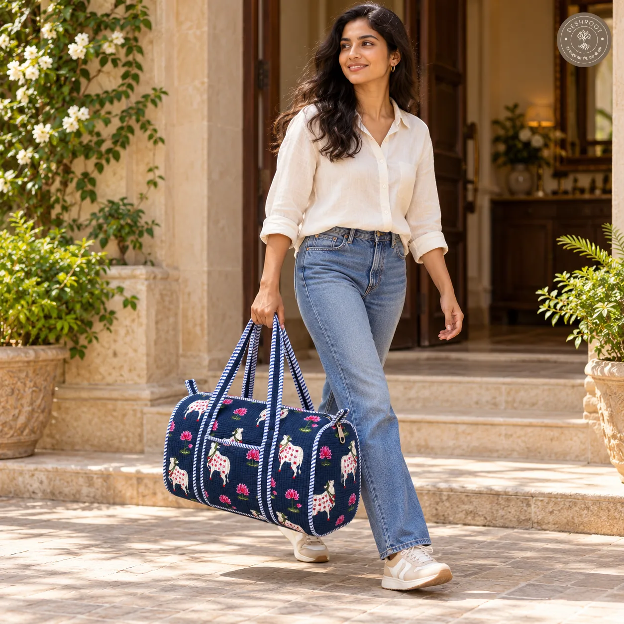 Handcrafted Quilted Blue Cotton Duffel Bag with Animal Print