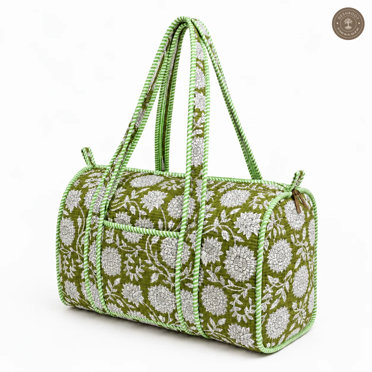 Handcrafted Quilted Green Floral Cotton Duffel Bag