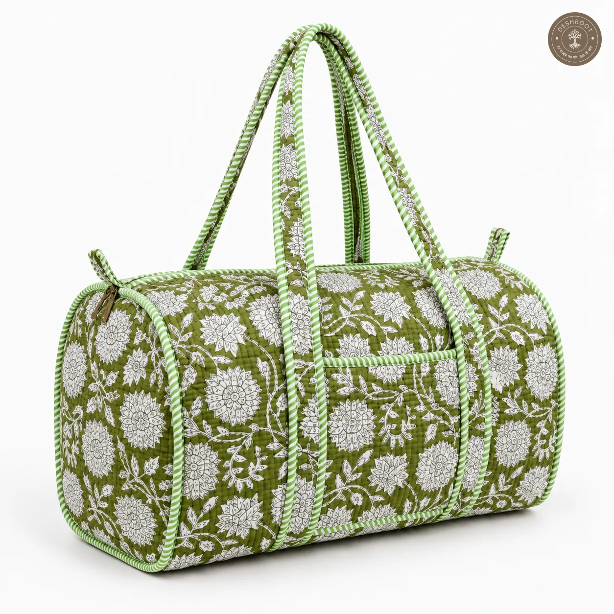 Handcrafted Quilted Green Floral Cotton Duffel Bag